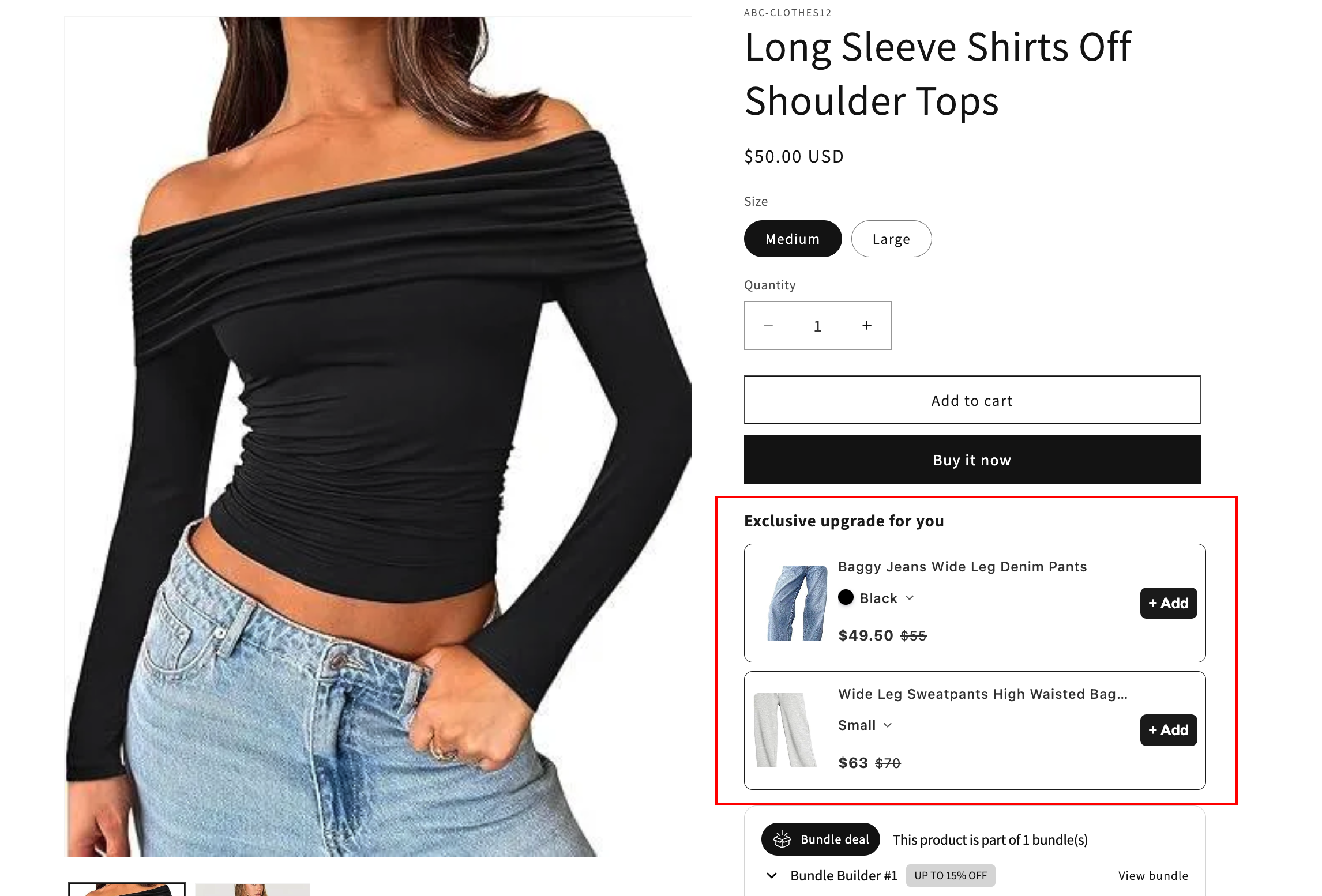 Storefront product page with the Product Recommendation widget showing an "Exclusive upgrade for you" list of recommended products with discounted prices