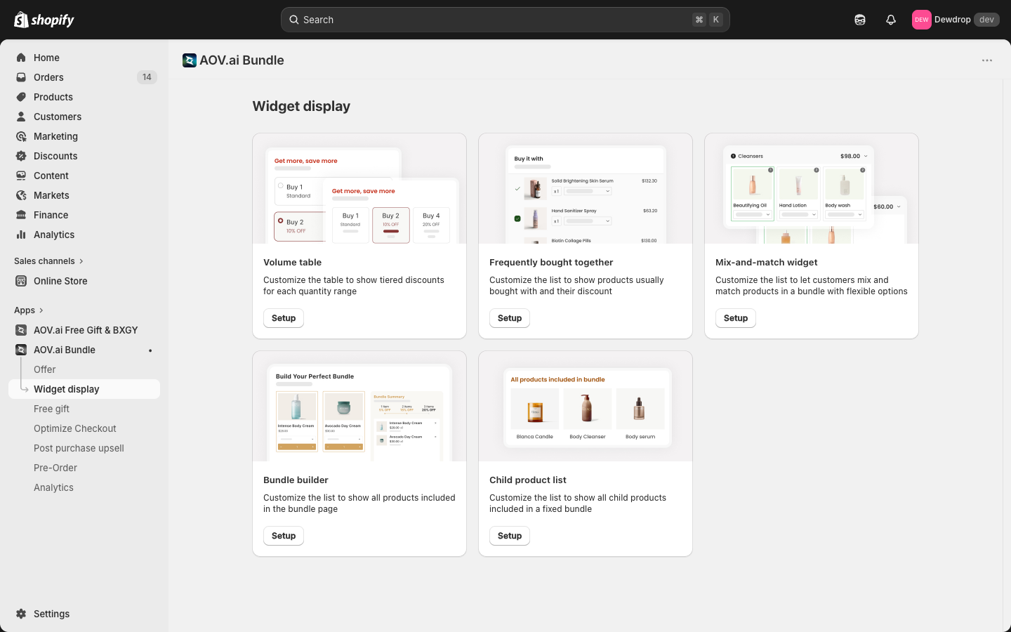 Widget display overview with the widget cards