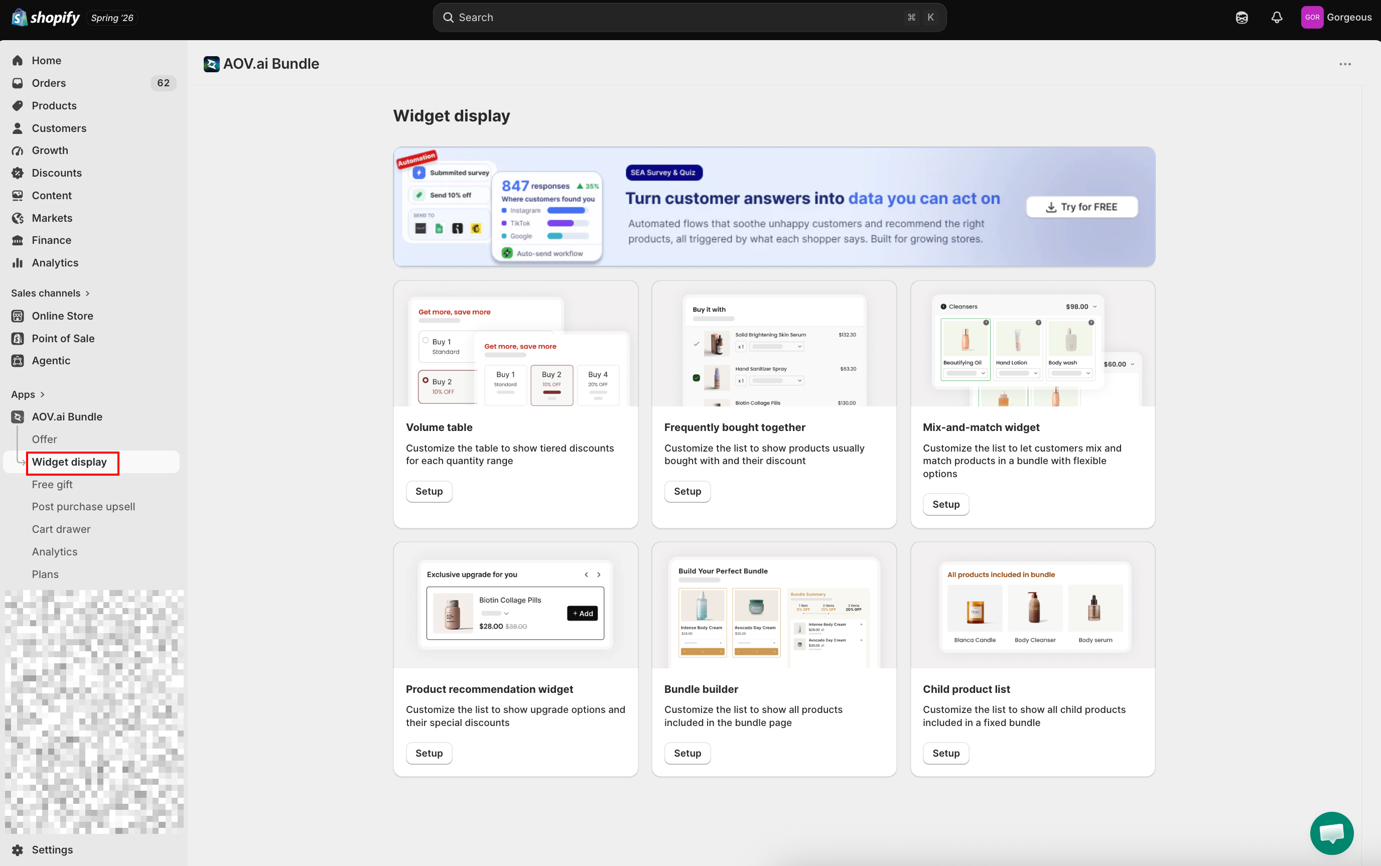 Widget display overview with the widget cards
