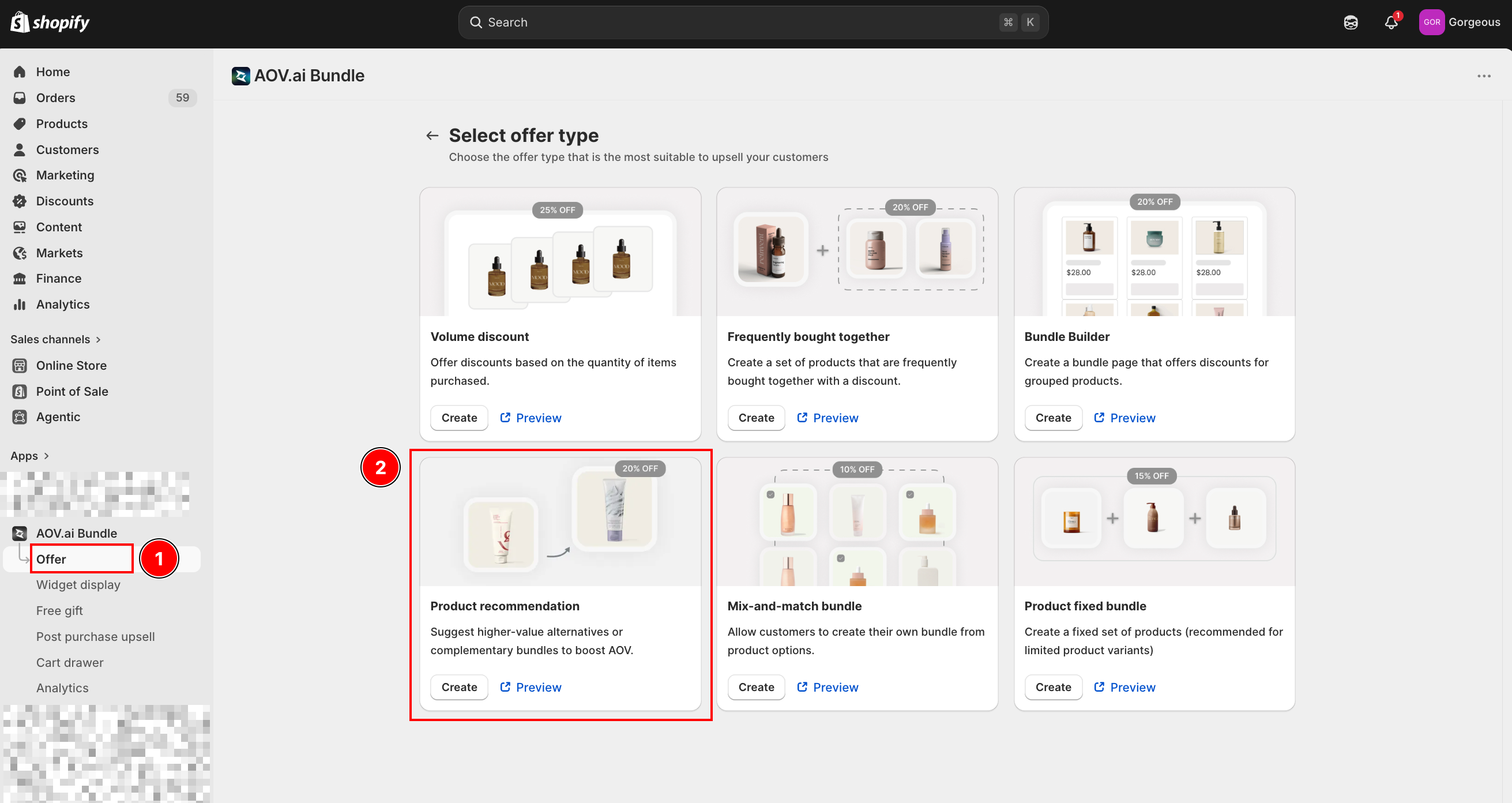 Select offer type screen with the Product recommendation card highlighted