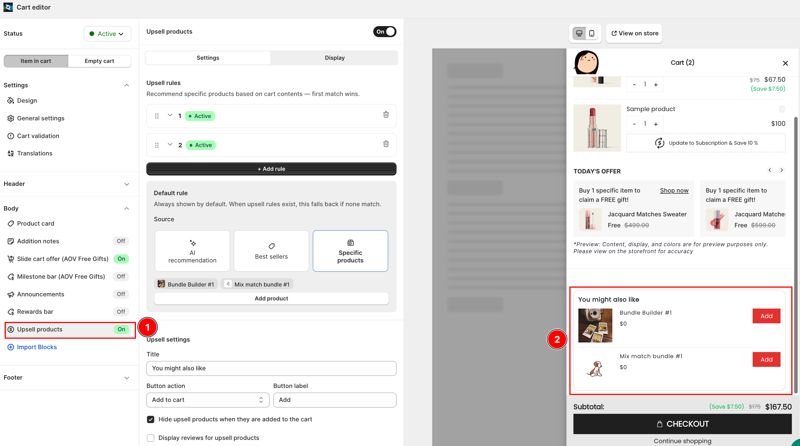 Upsell products settings and preview