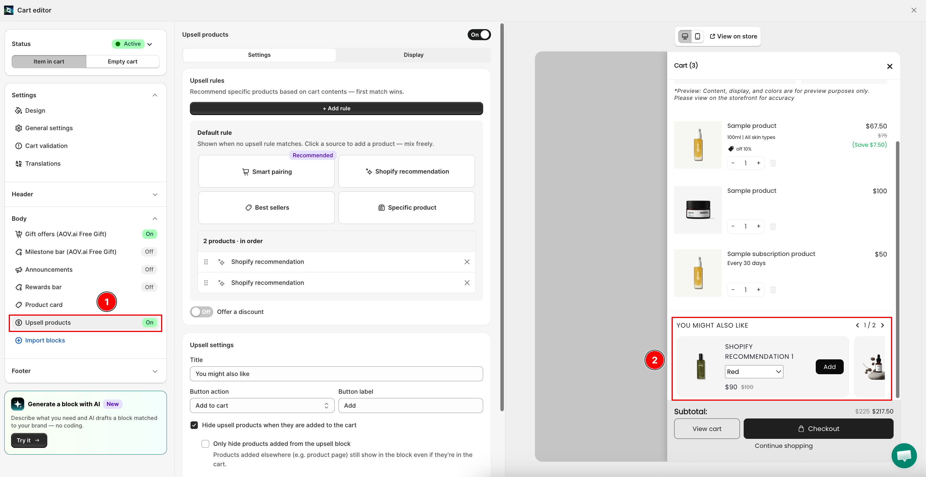 Upsell products settings and preview