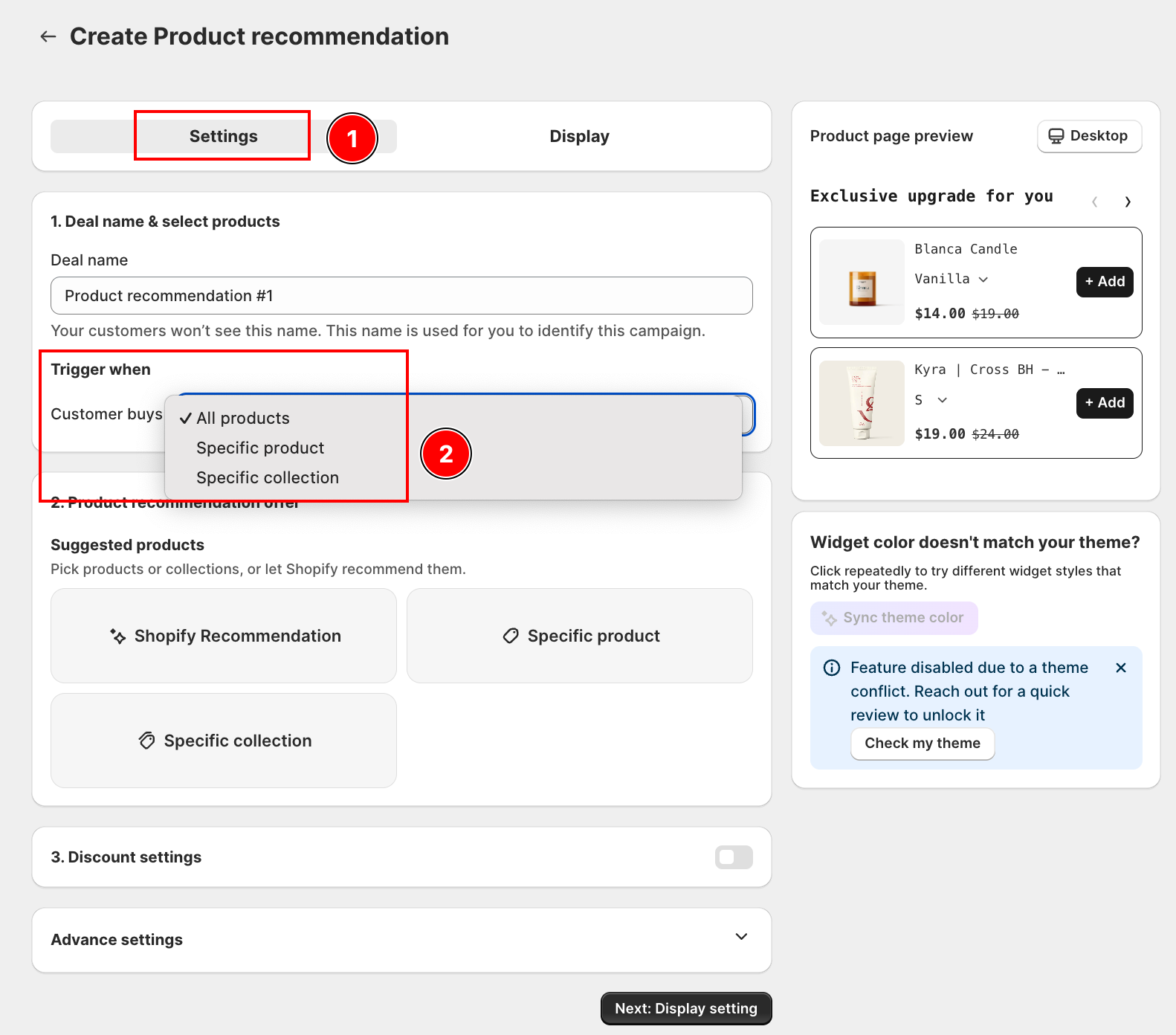 Product recommendation Step 1 Offer setting form with Offer information, Customer meets condition, Product recommendation, and Discount settings cards, plus the product page preview