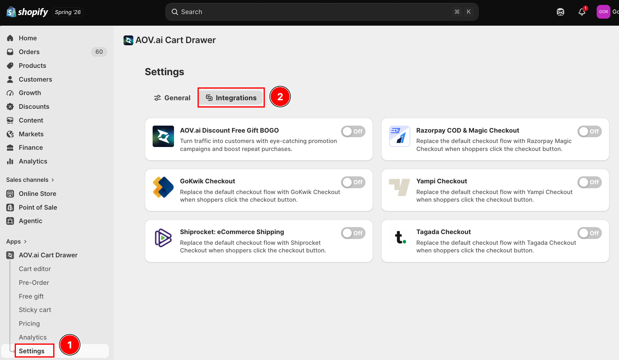 Settings Integrations tab