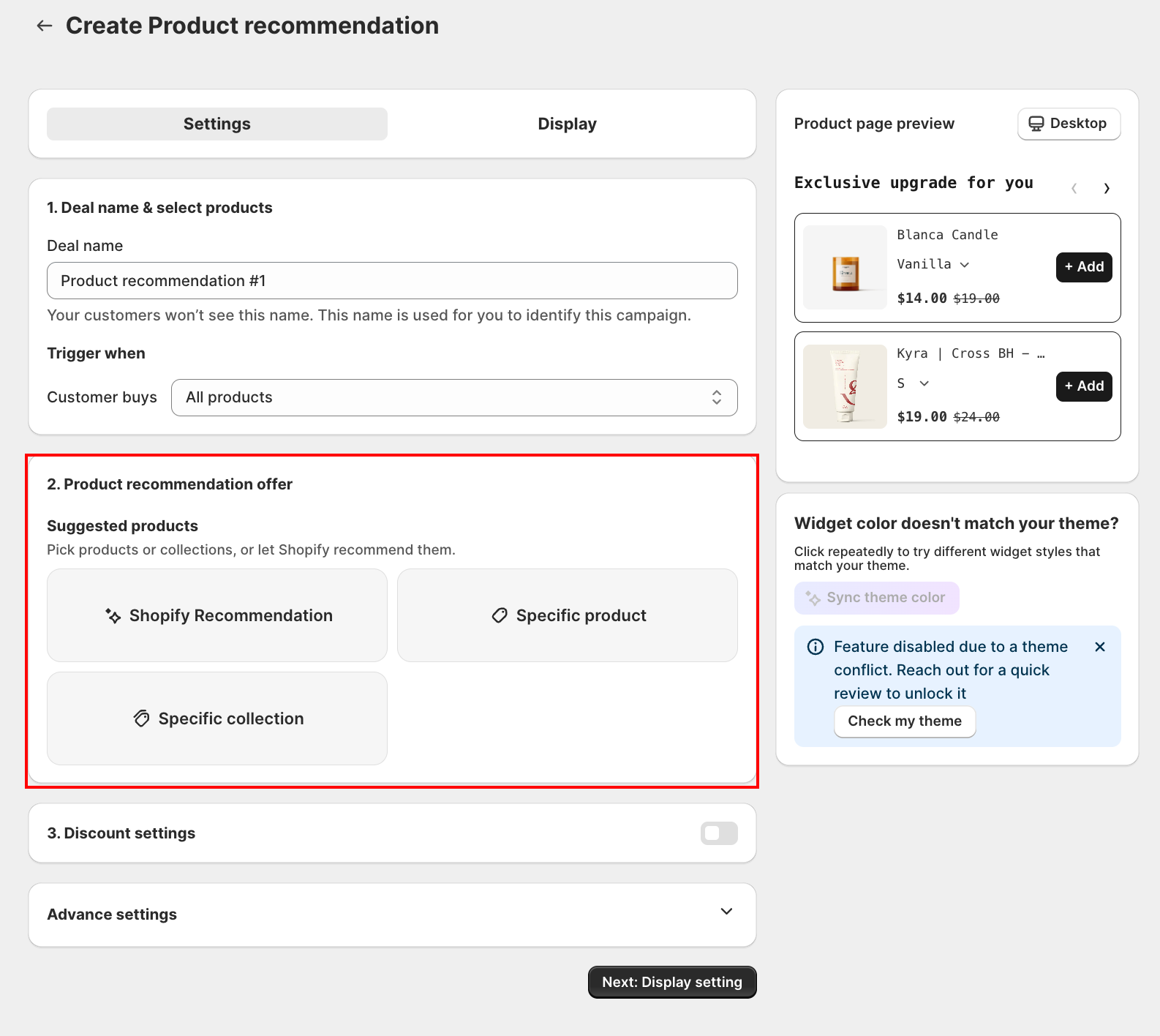 Product recommendation offer form, "2. Product recommendation offer" card highlighted showing the Suggested products grid of 3 source tiles: Shopify Recommendation, Specific product, and Specific collection
