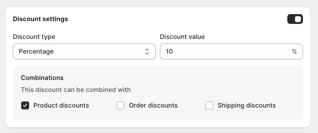 Discount settings card with the toggle on, Discount type Percentage, Discount value 10%, and Combinations options