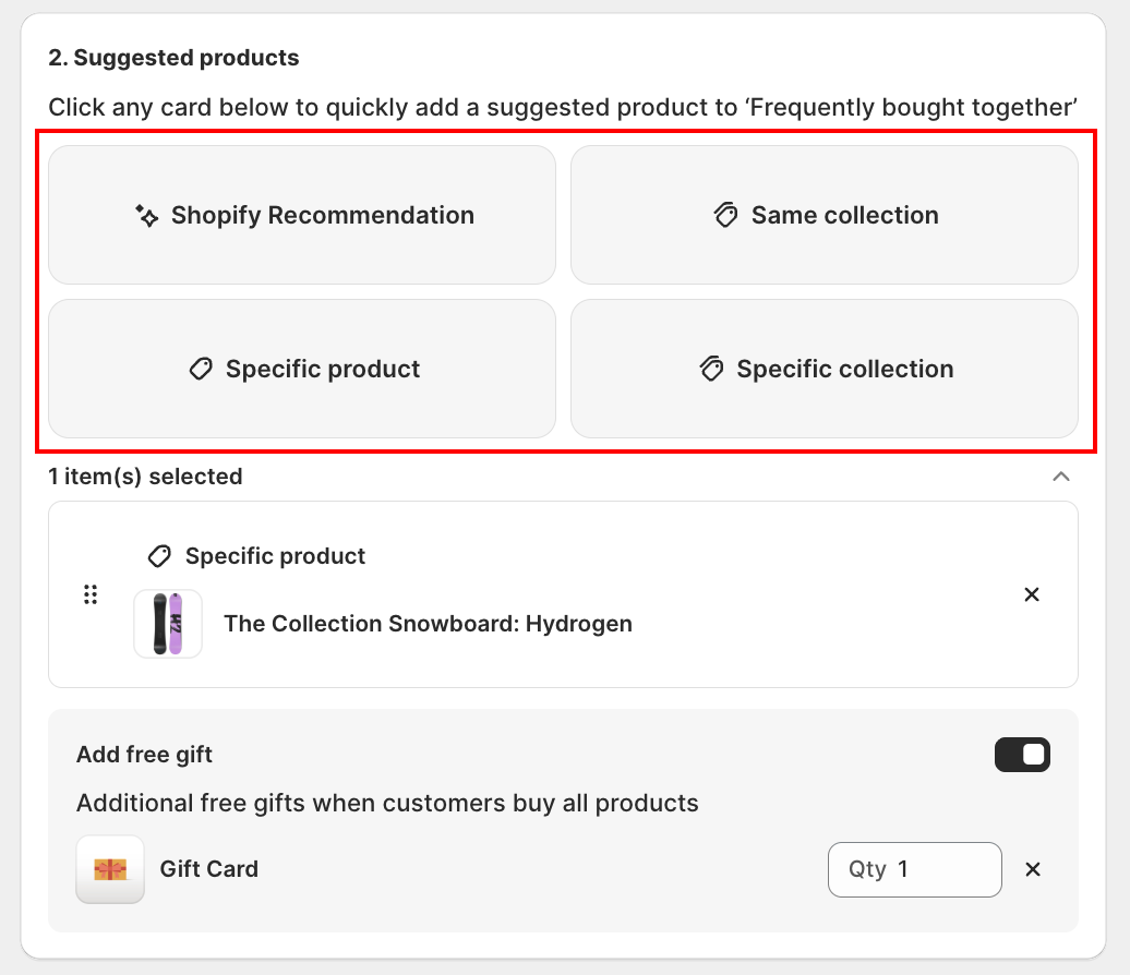 Suggested products source cards