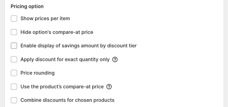 Pricing option section