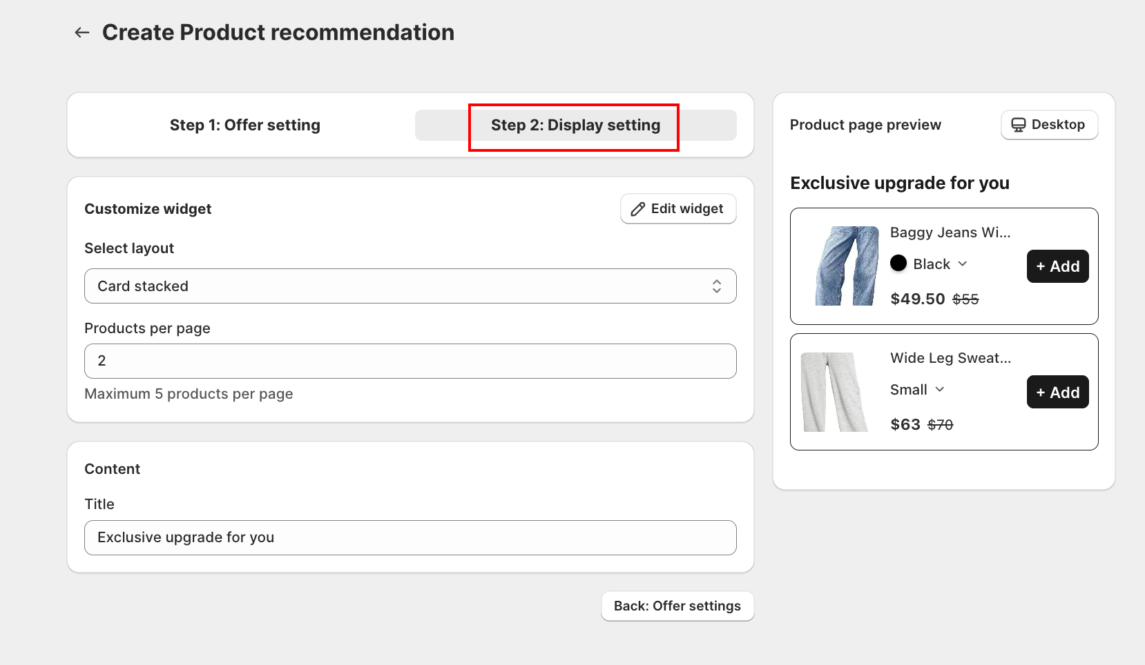 Step 2 Display setting tab with Customize widget, Select layout, Products per page, and Content Title, plus the product page preview