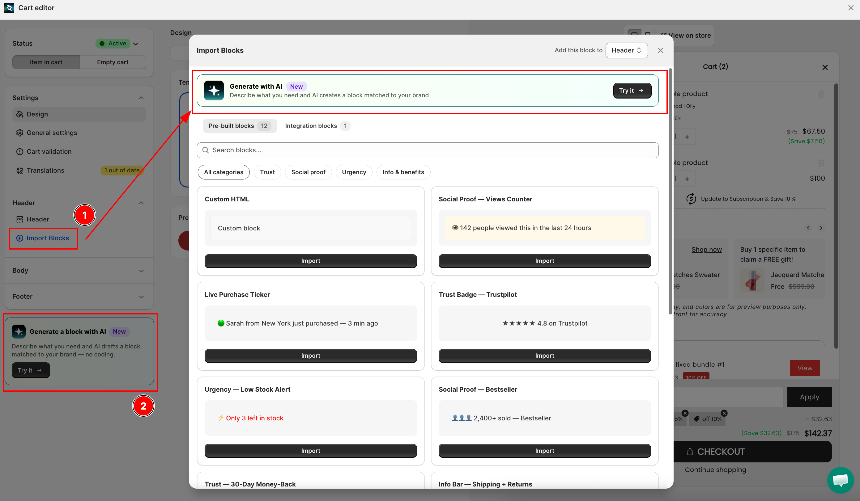 Generate with AI card in the Import Blocks modal