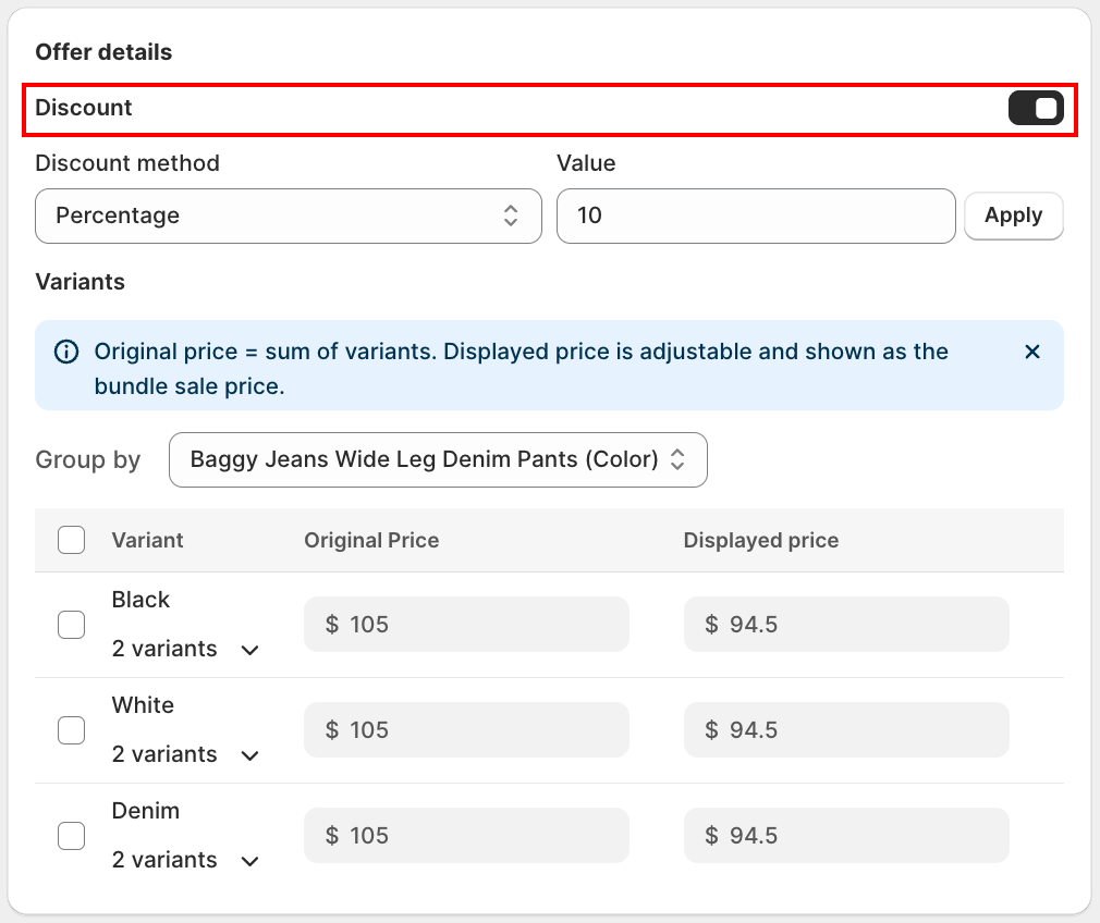 Discount method, Variants, and Components panel showing 2048 cap