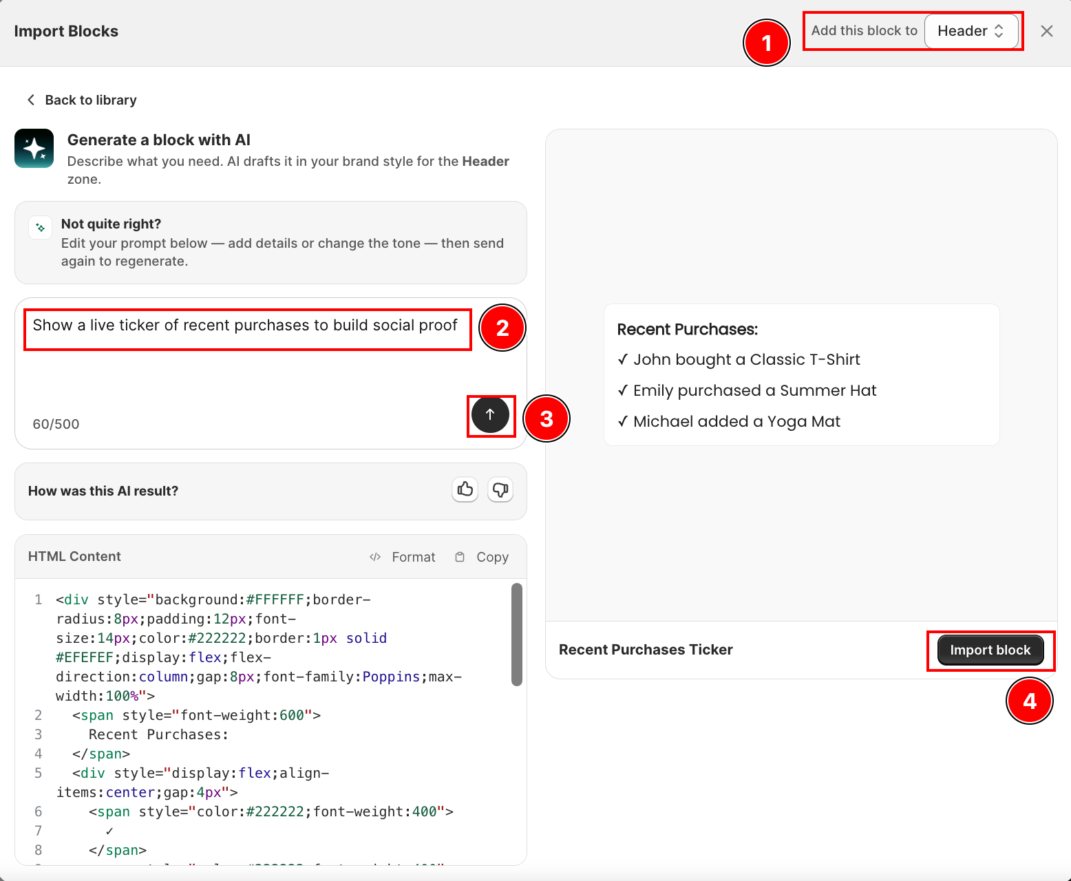 Generate a block with AI: prompt on the left, live preview on the right, and Import block