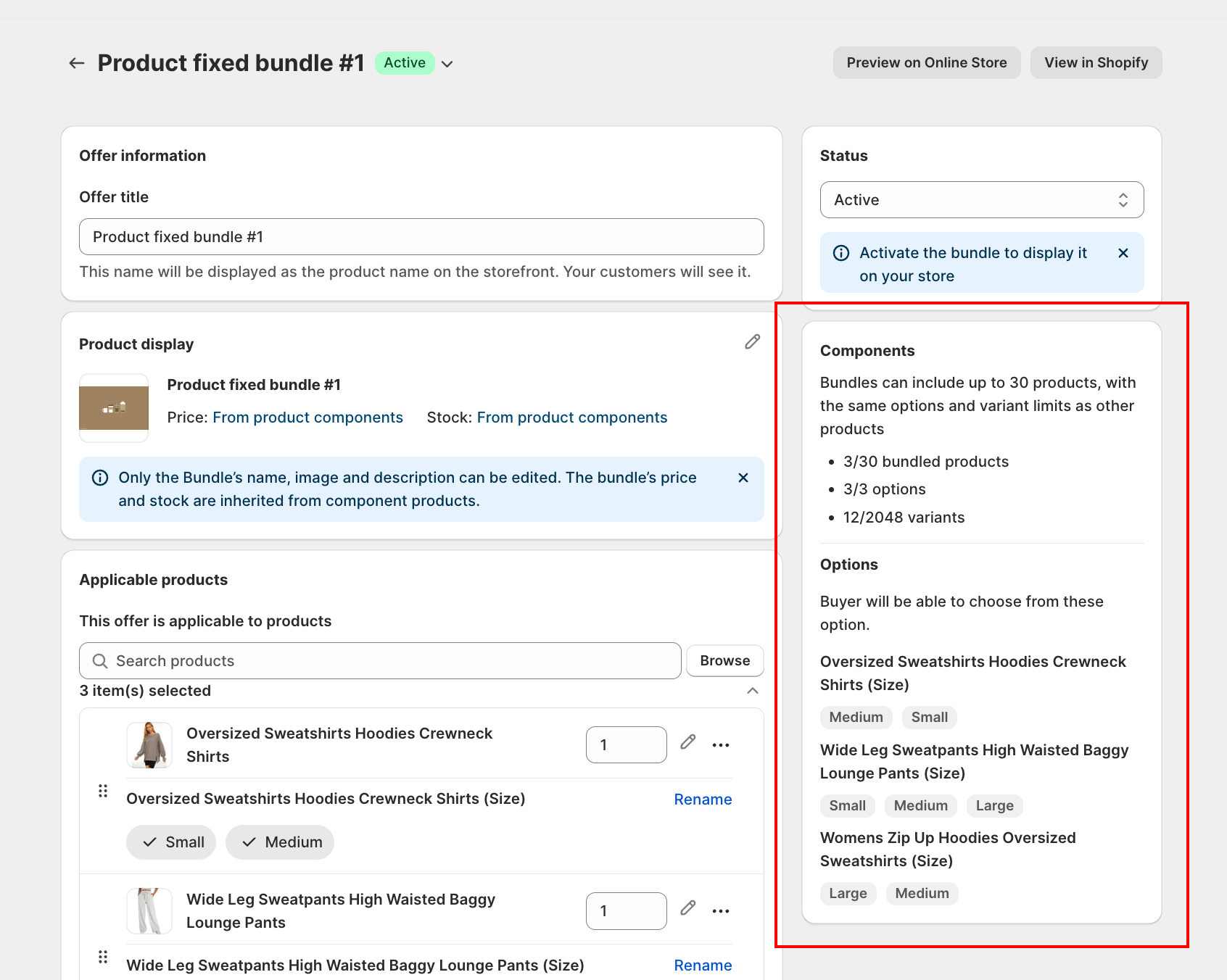 Components panel showing 0/30 bundled products, 0/3 options, 0/2048 variants