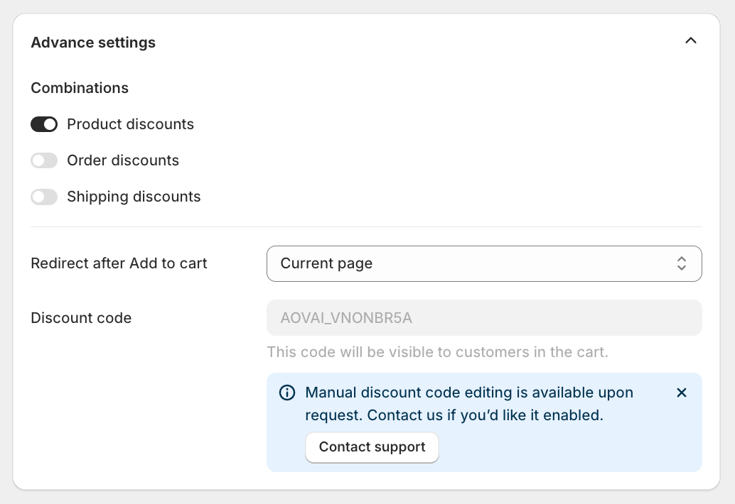 Advanced settings expanded, showing the Combinations checkboxes, Redirect after Add to cart, and the Discount code field