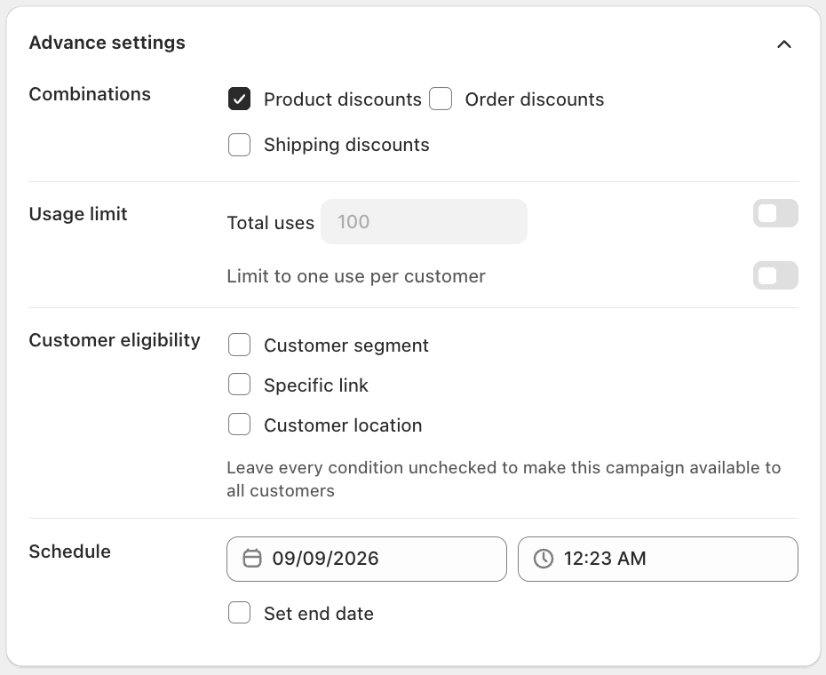 Advanced settings section with Combinations, Usage limit, Customer eligibility, and Schedule