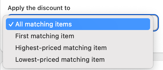 Apply the discount to dropdown open, showing All matching items, First matching item, Highest-priced matching item, and Lowest-priced matching item