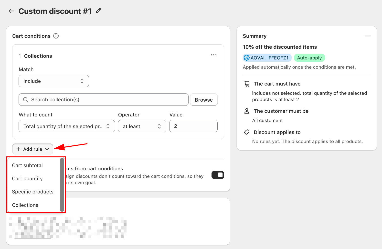 Cart conditions card with the Add rule dropdown open, showing Cart subtotal, Cart quantity, Specific products, and Collections rule types