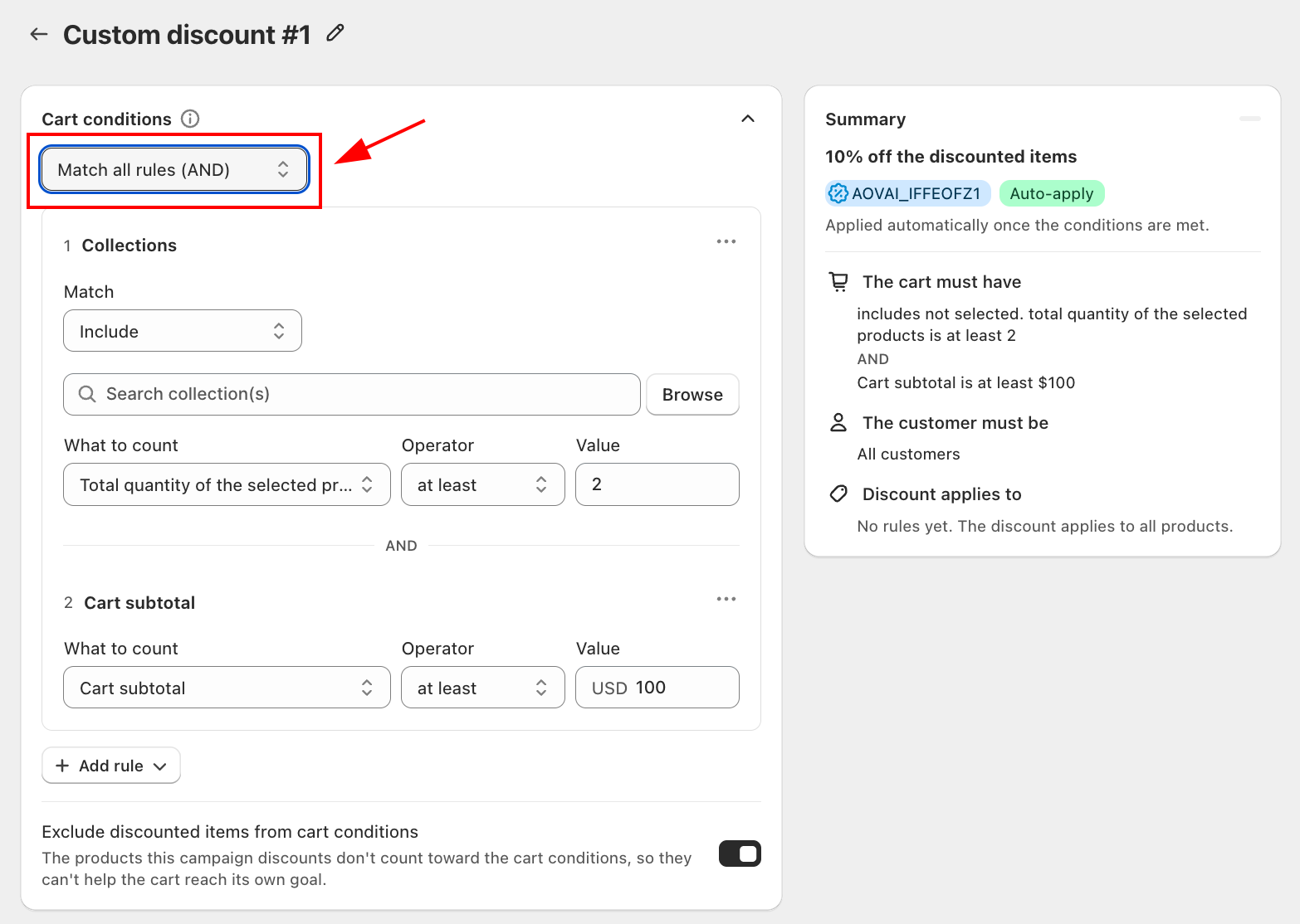 Cart conditions card with a Collections rule and a Cart subtotal rule stacked under Match all rules (AND), and the Summary panel reflecting both rules