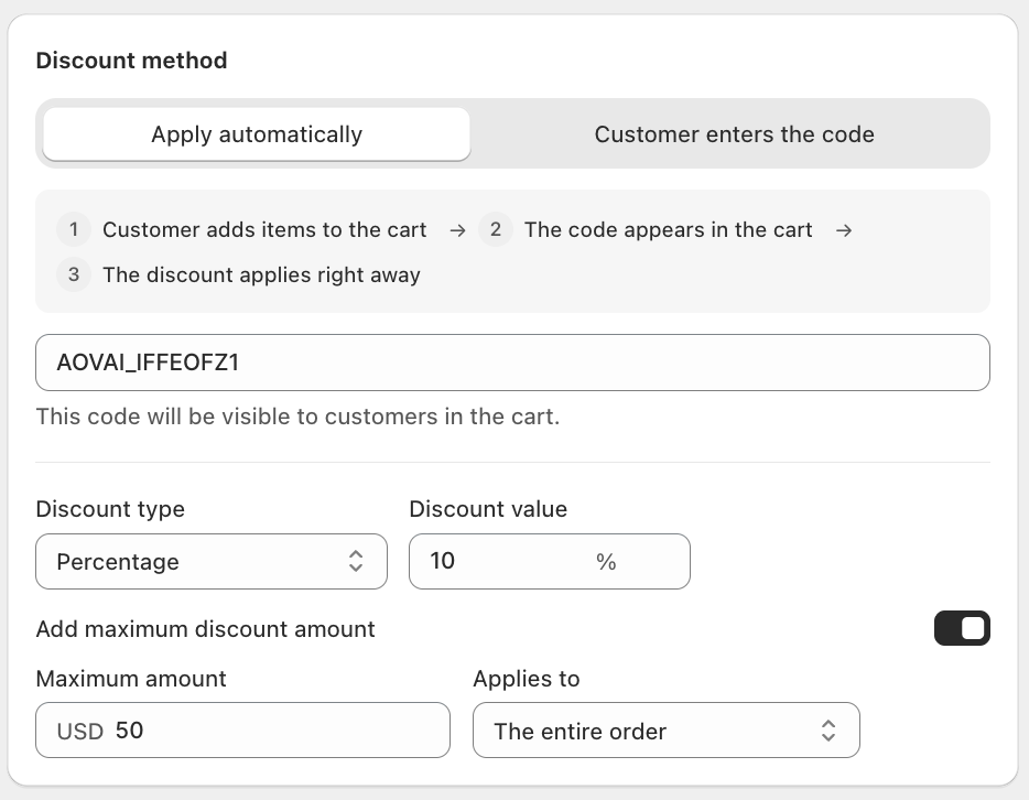 Discount method card with Apply automatically selected, the 3-step flow, discount code field, and Discount type set to Percentage with Add maximum discount amount on