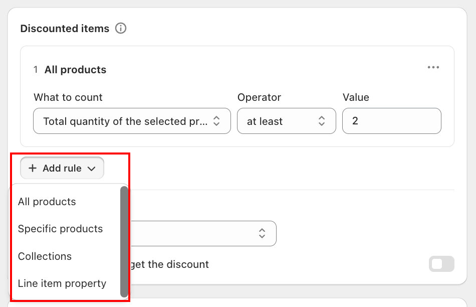 Discounted items card with the Add rule dropdown open, showing All products, Specific products, Collections, and Line item property