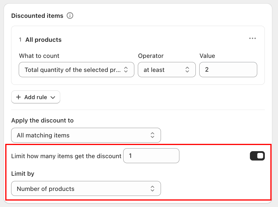 Discounted items card with the Limit how many items get the discount toggle on and Limit by set to Number of products