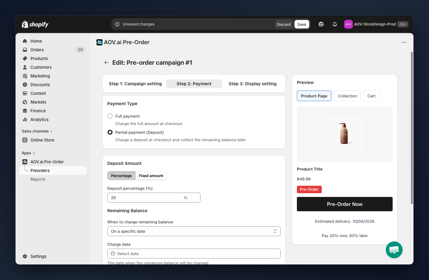 Partial payment: deposit type and value
