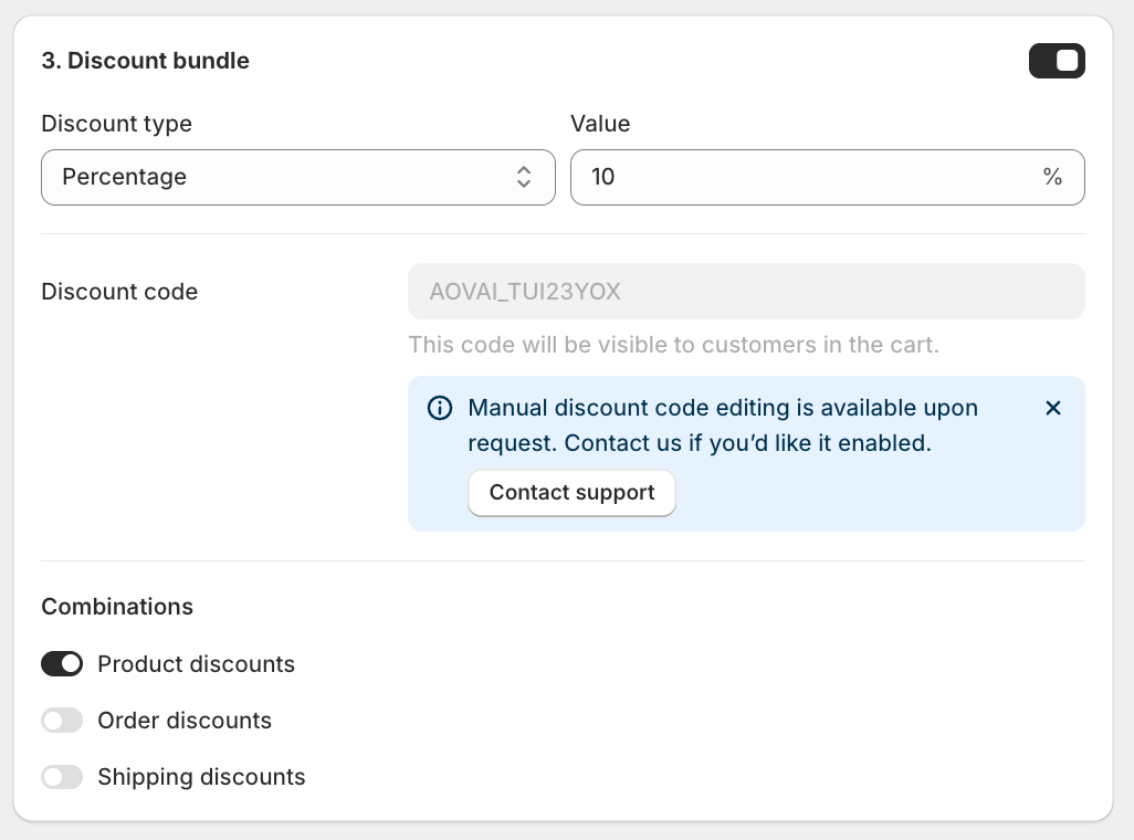 Discount bundle card with Discount type and Value, the Discount code field, and the three Combinations checkboxes below it