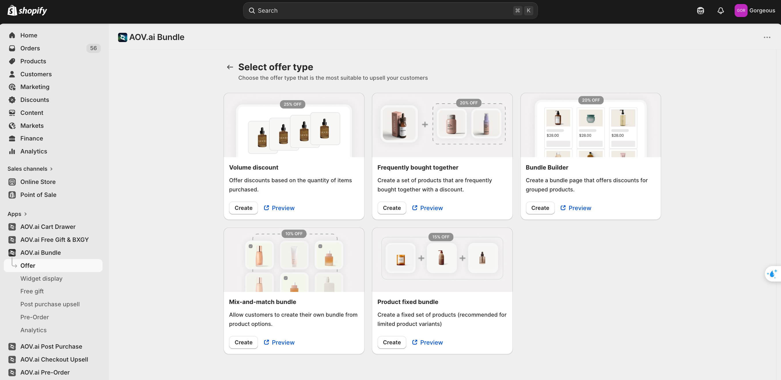 Select offer type screen with the native offer types