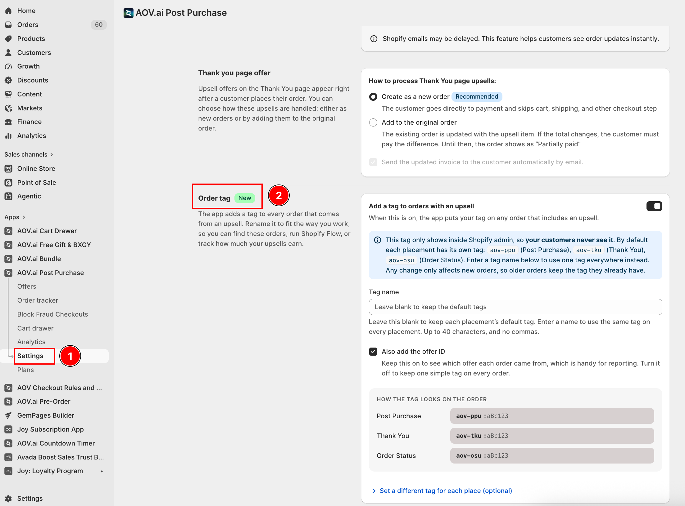 Settings > General > Order tag section, with the toggle, Tag name, Also add the offer ID, and the live preview