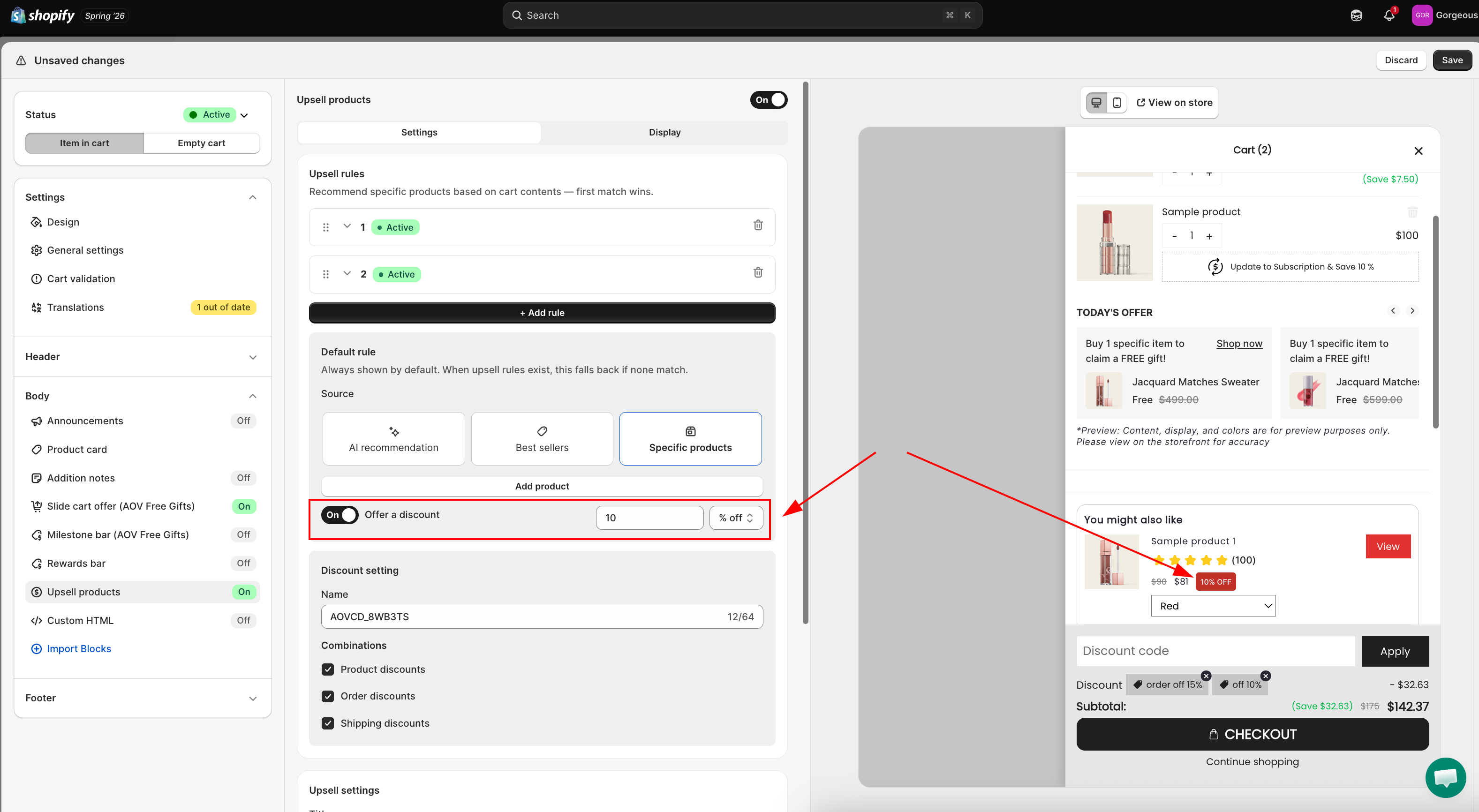 Offer a discount toggle in the Cart Editor and the resulting discount badge on the storefront upsell card