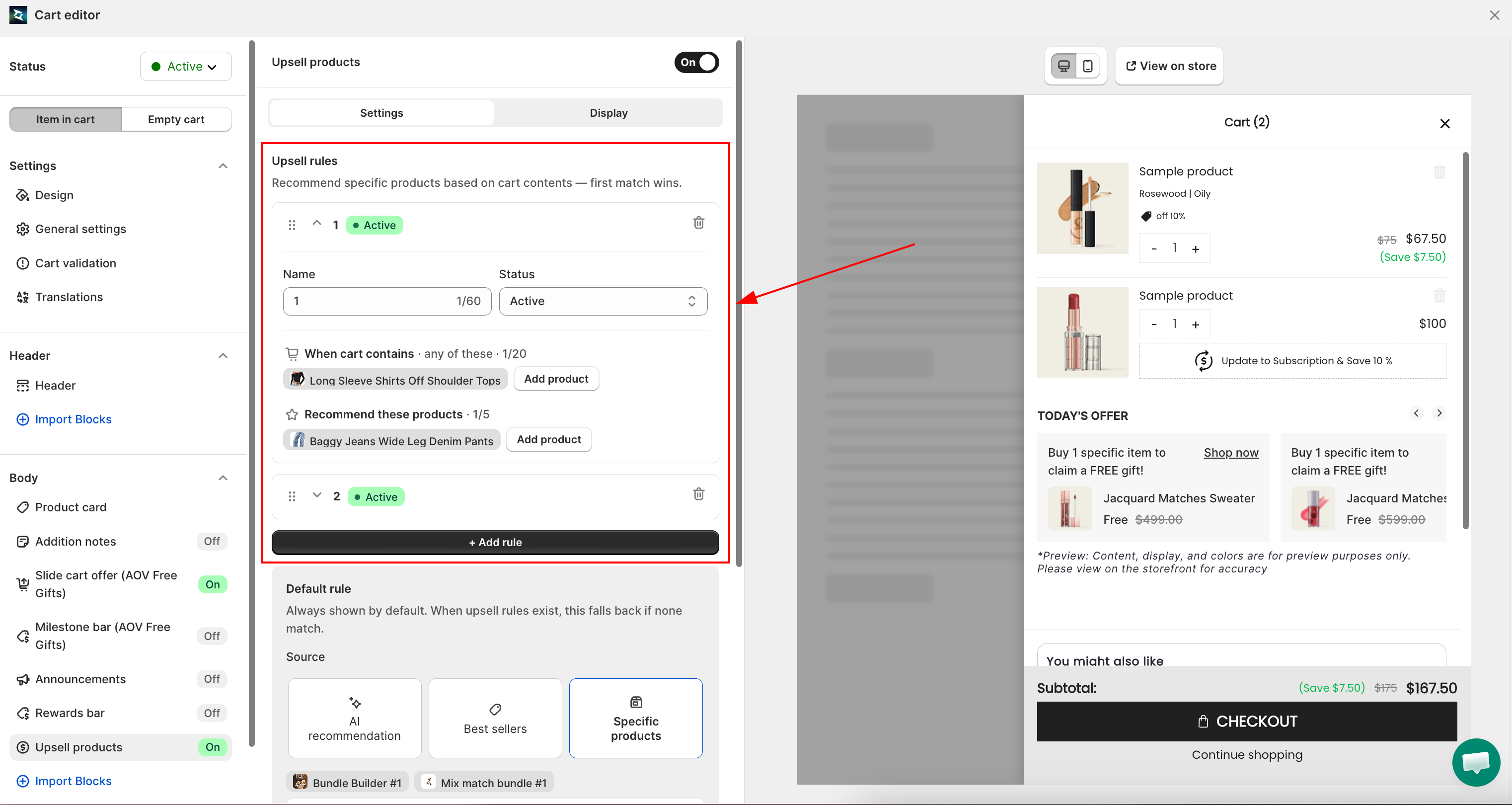 Upsell rules settings showing rule name, status, trigger products, and recommended products