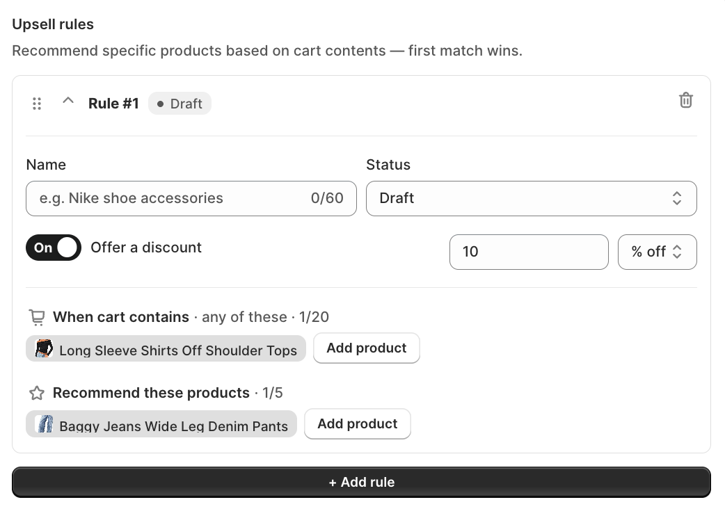 Upsell rules settings showing rule name, status, trigger products, and recommended products