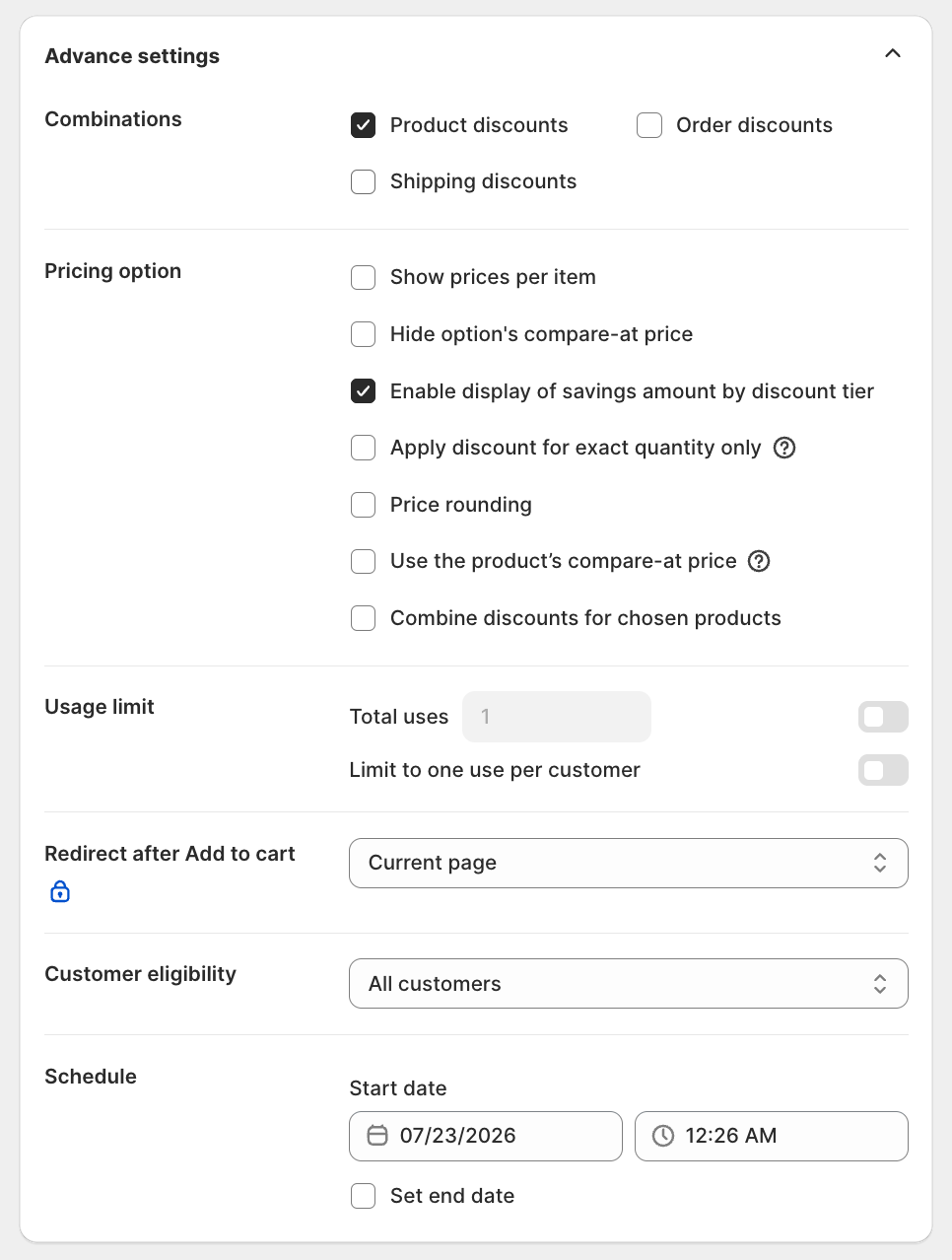 Advance settings panel with Combinations, Pricing option, Usage limit, Redirect after Add to cart, and Customer eligibility