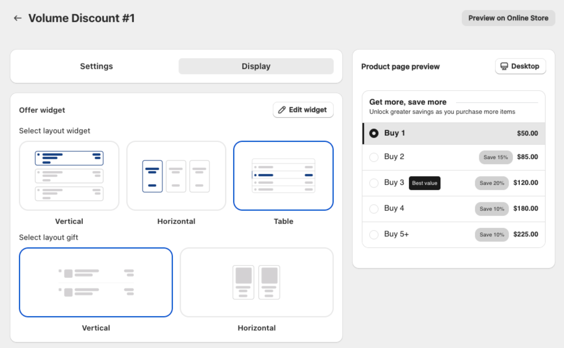 Volume Discount Step 2 Display setting tab with widget layout and gift layout selectors