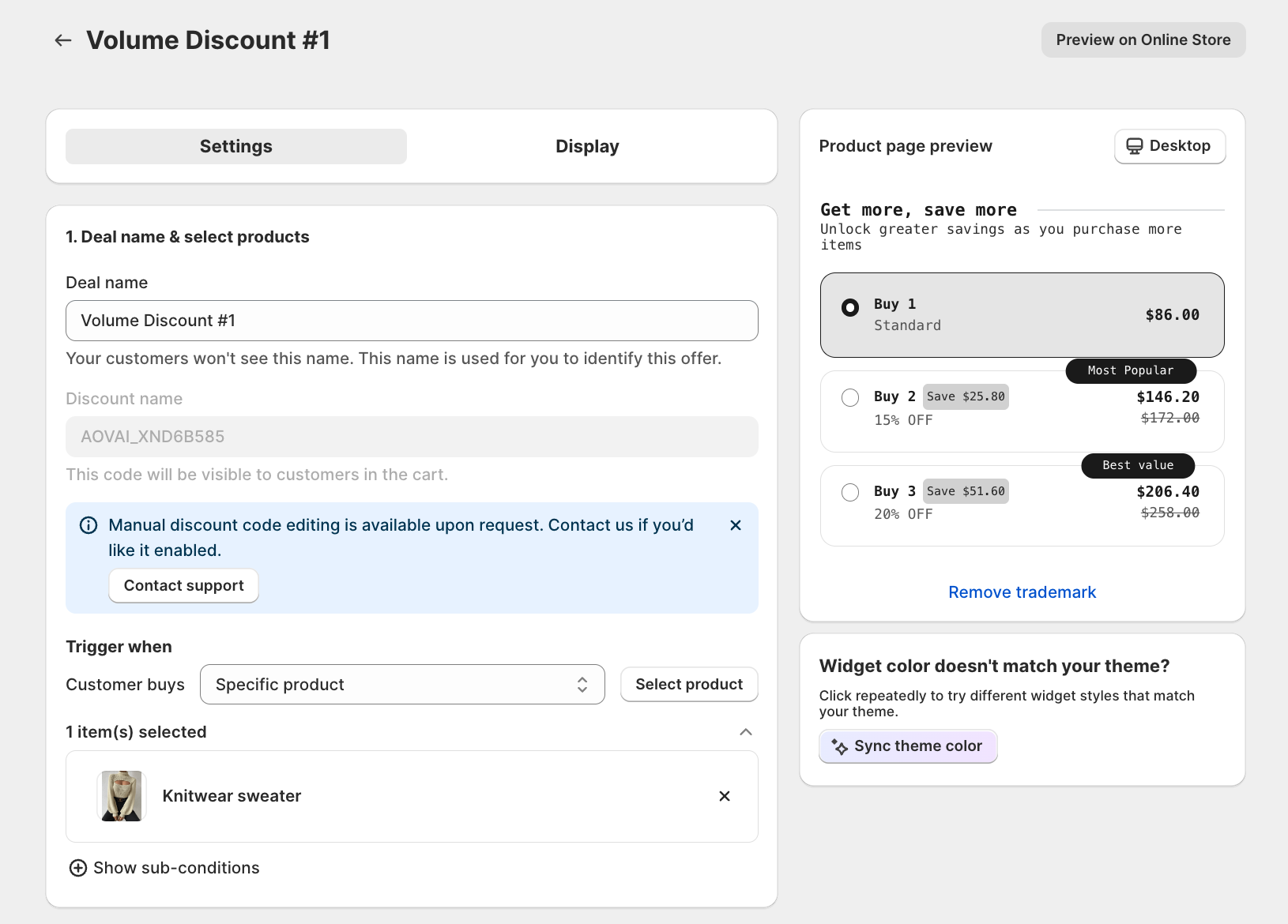 Volume Discount Step 1 form, top of page with Deal name, Discount name, and Trigger conditions