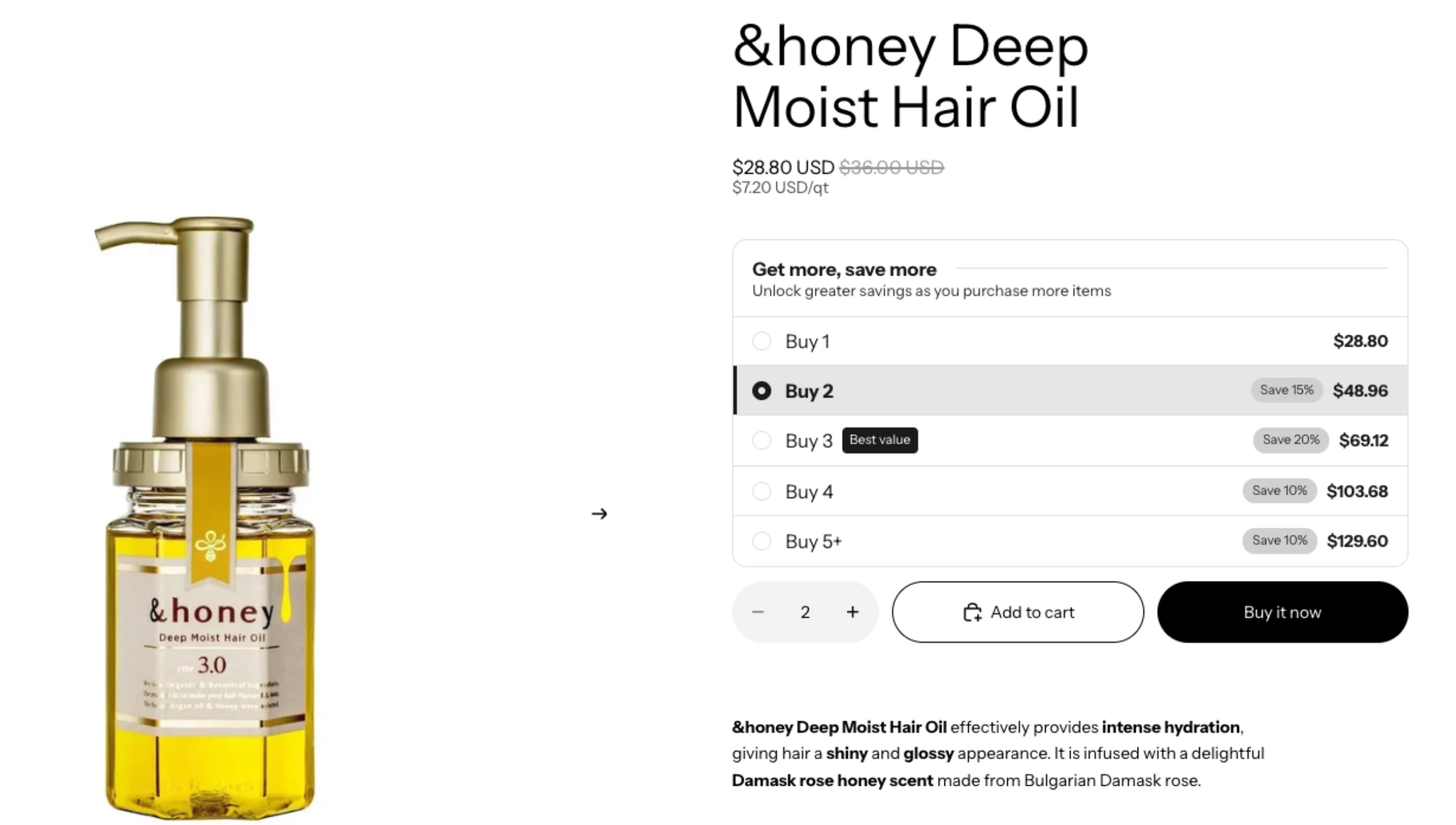Storefront product page with the Volume Discount widget in Table layout, Buy 2 selected showing Save 15%, $48.96
