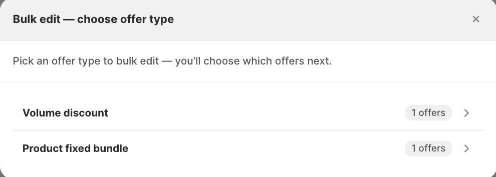 Bulk edit — choose offer type modal, listing offer types with their offer counts