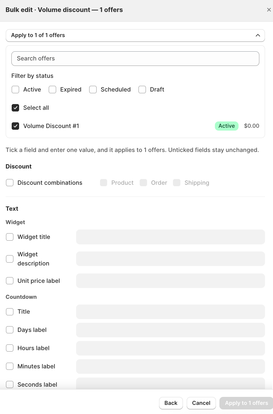 Bulk edit editor for Volume discount, showing the offer scope picker and the Discount and Text field sections