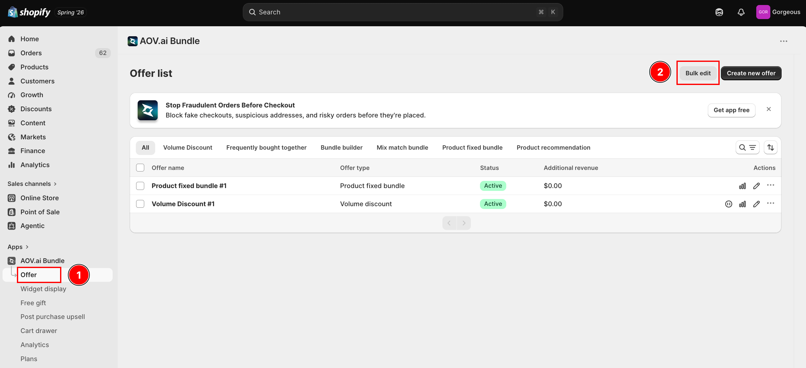 Offers page with the Offer menu item and the Bulk edit button highlighted