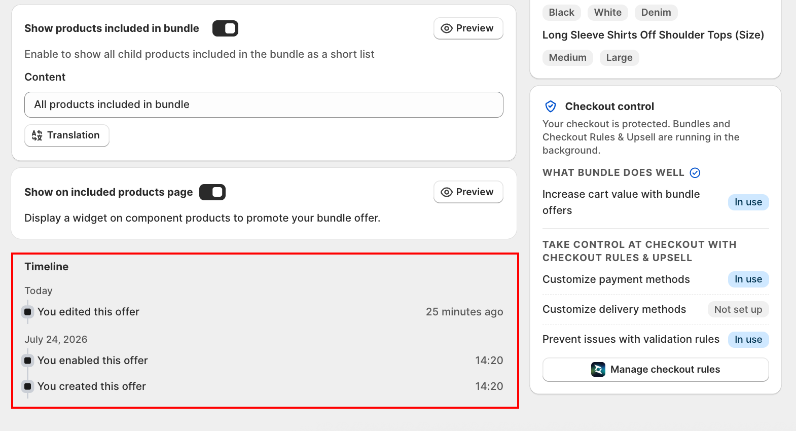Timeline card showing You edited this offer today, and You enabled this offer / You created this offer on an earlier day, each with a timestamp