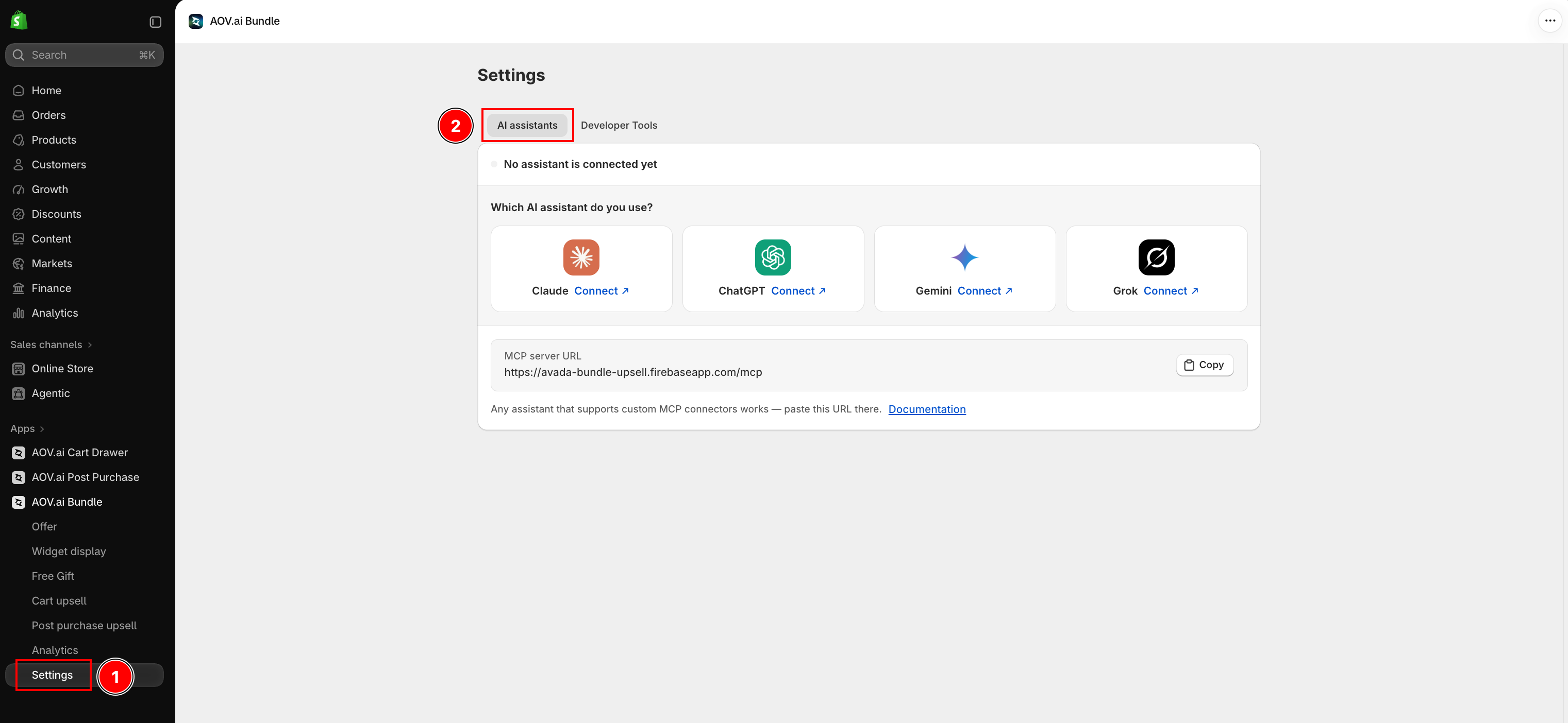 Settings page with the AI assistants and Developer Tools tabs, AI assistants selected