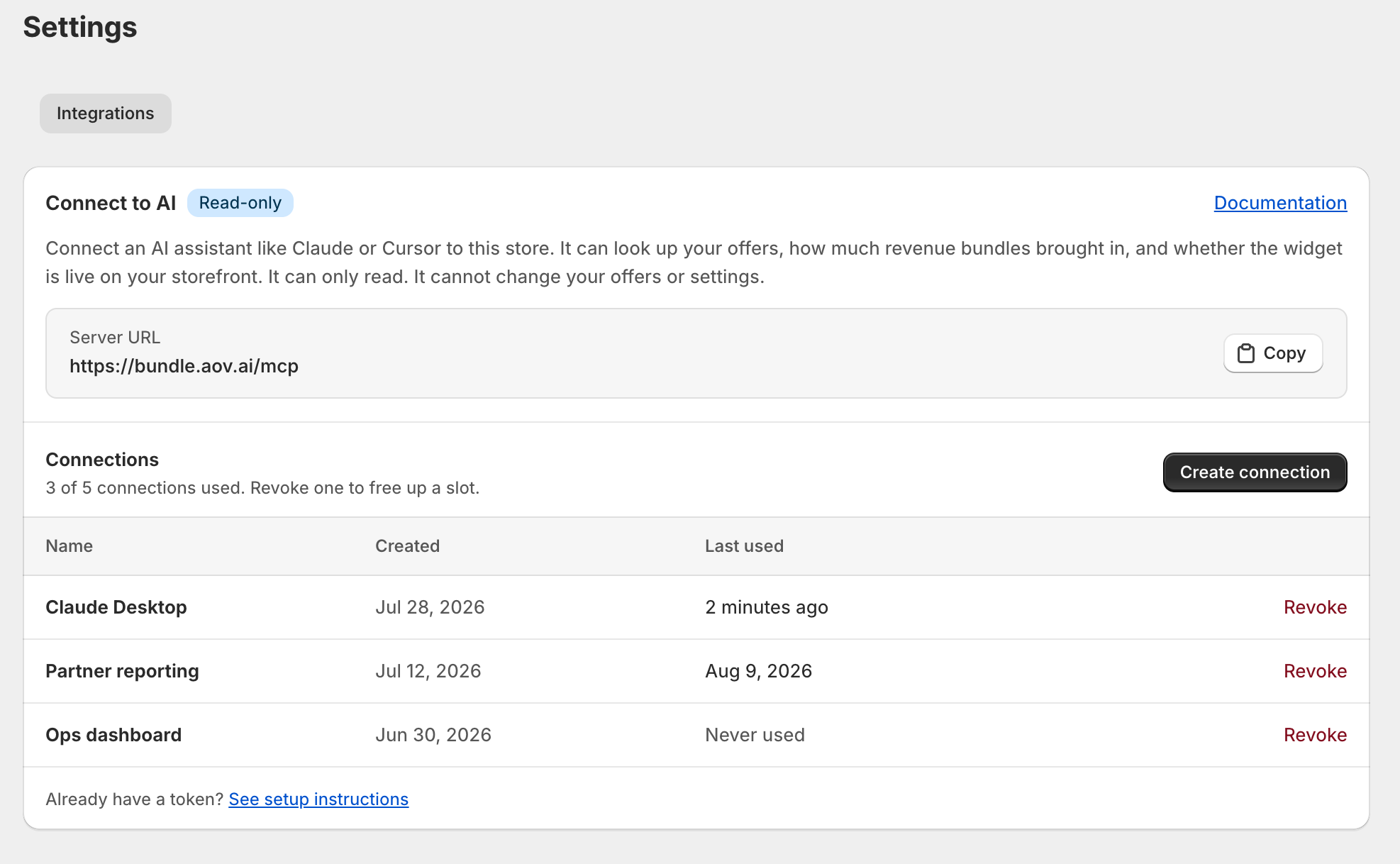 Settings page with the Connect to AI card, server URL, and a list of active connections