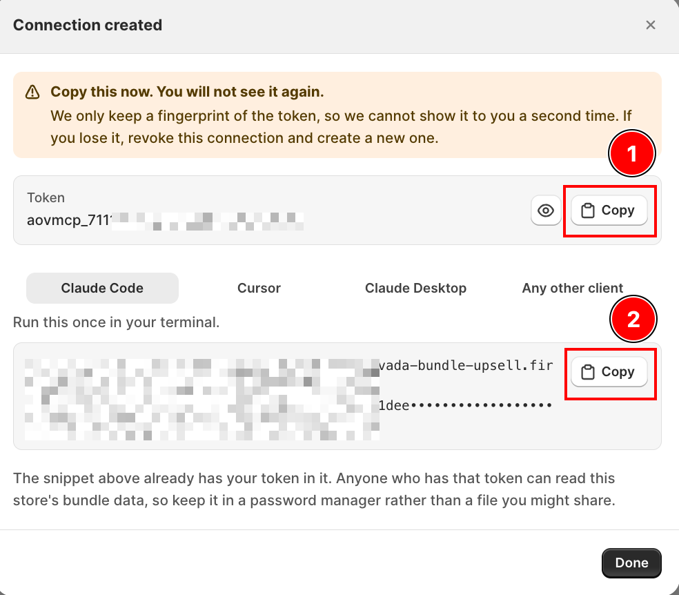 The Connection created screen, with the masked token, a Copy button, and the client setup tabs