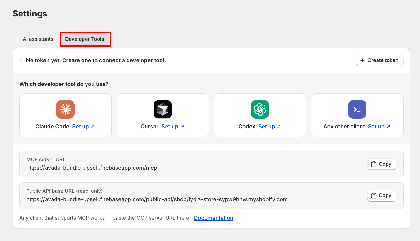 Settings page with the Developer Tools tab selected, showing the Create token button, the developer tool picker, the MCP server URL and the Public API base URL