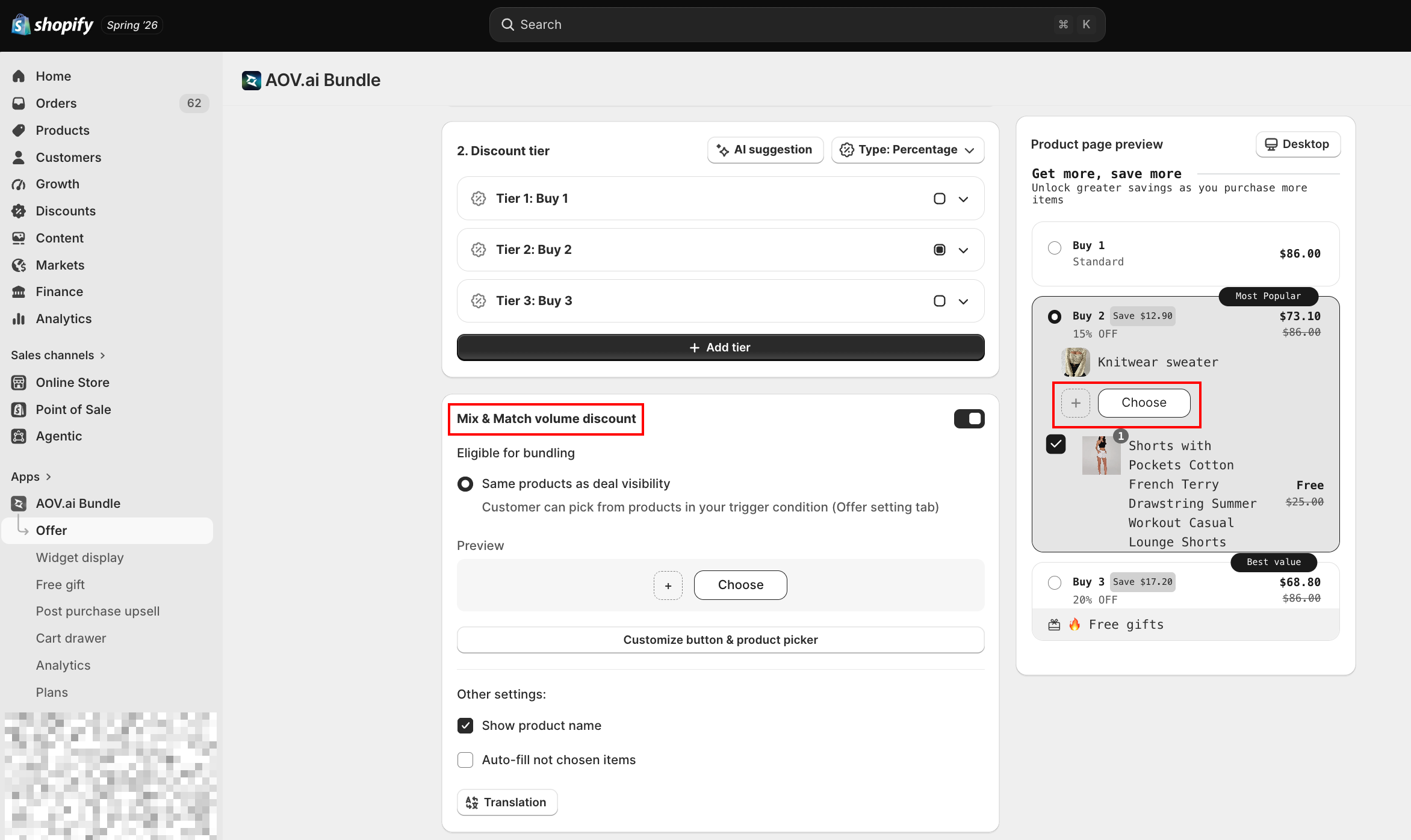 Mix & Match volume discount card with the toggle on, Eligible for bundling, Preview, Customize button, and Other settings, plus the live product page preview showing Choose slots on the Buy 2 tier