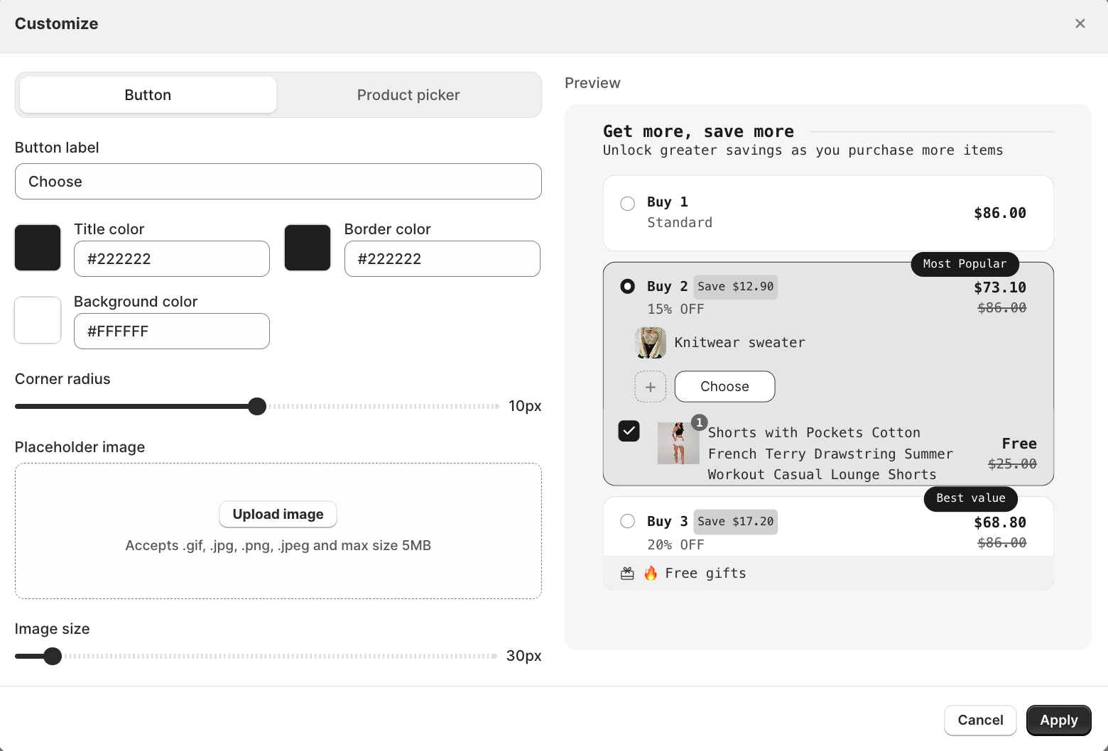 Customize modal, Button tab, with Button label, Title color, Border color, Background color, Corner radius, and Placeholder image fields
