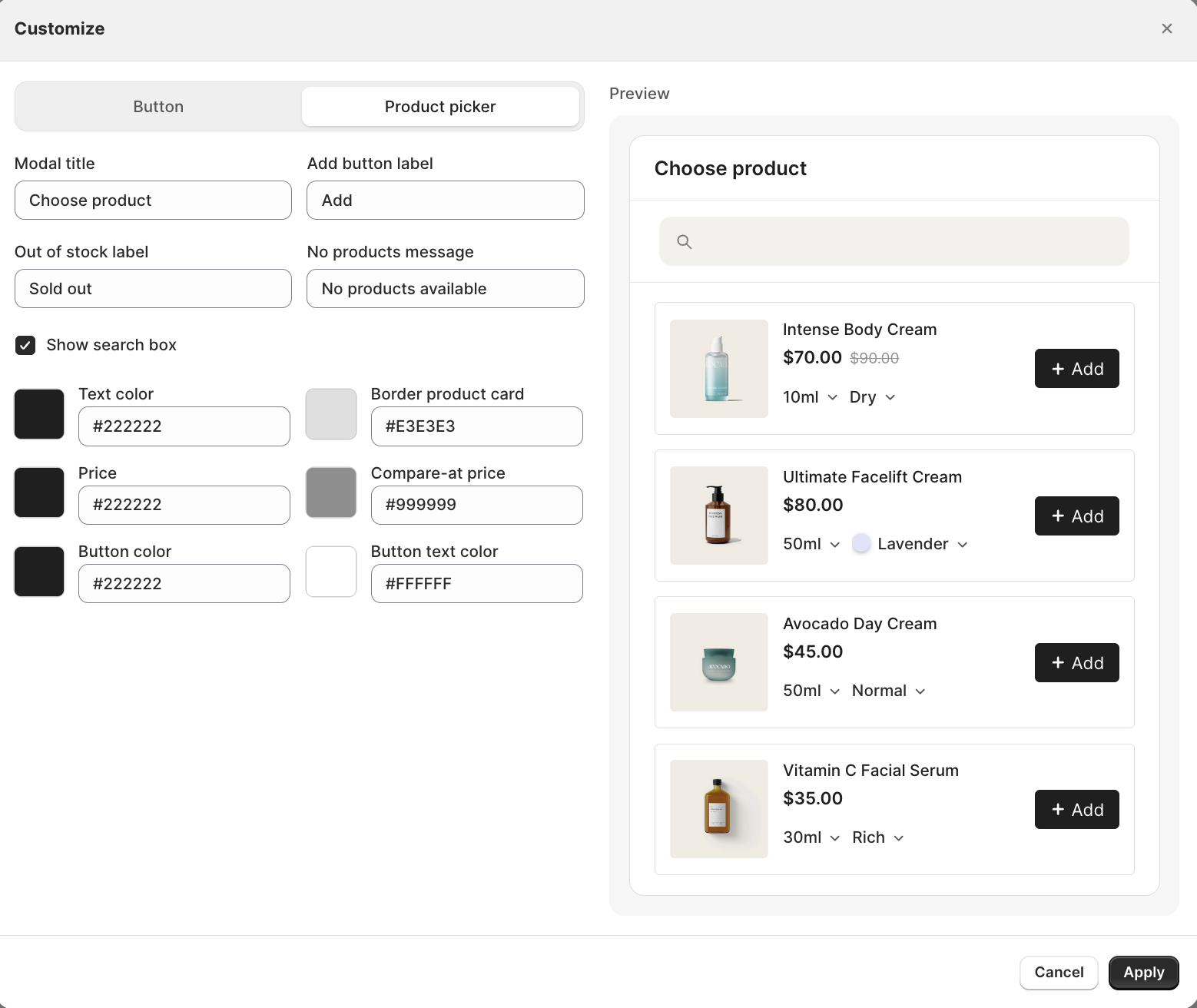 Customize modal, Product picker tab, with Modal title, Add button label, Out of stock label, No products message, Show search box, and color fields