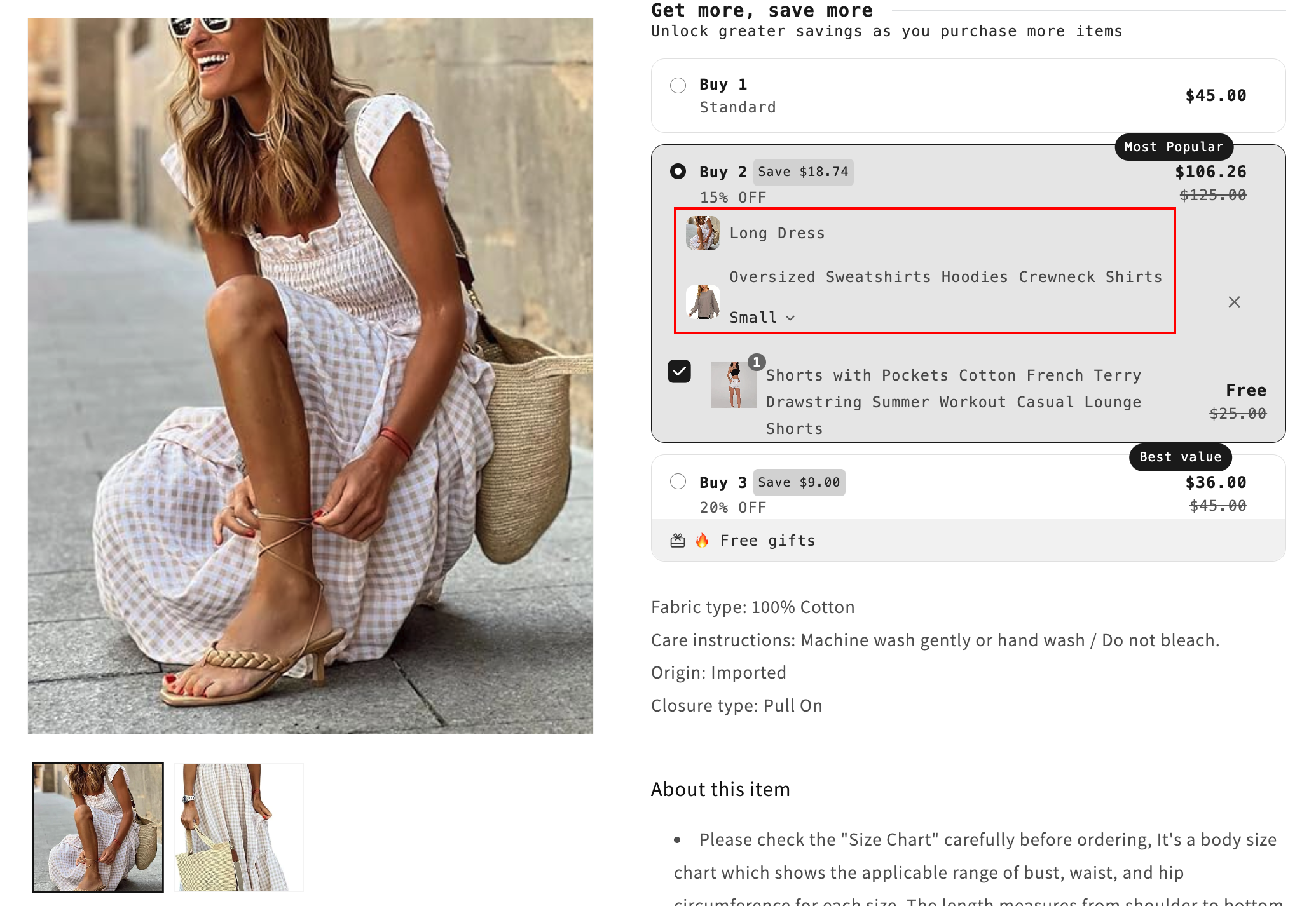 Volume Discount widget on a product page: the Buy 2 tier filled with two different products, a Long Dress (the current product) and an Oversized Hoodie in size Small, together counting toward the same tier