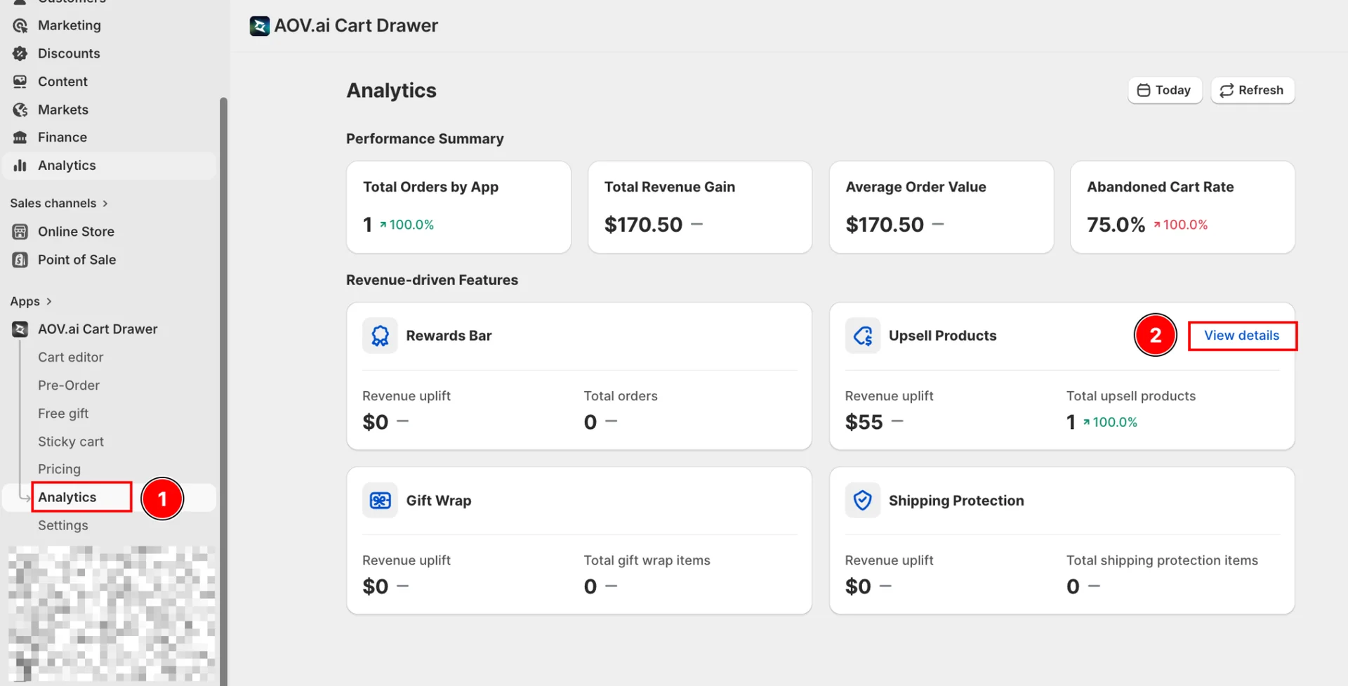 Analytics page with callouts showing Analytics nav item and View details button on Upsell Products card