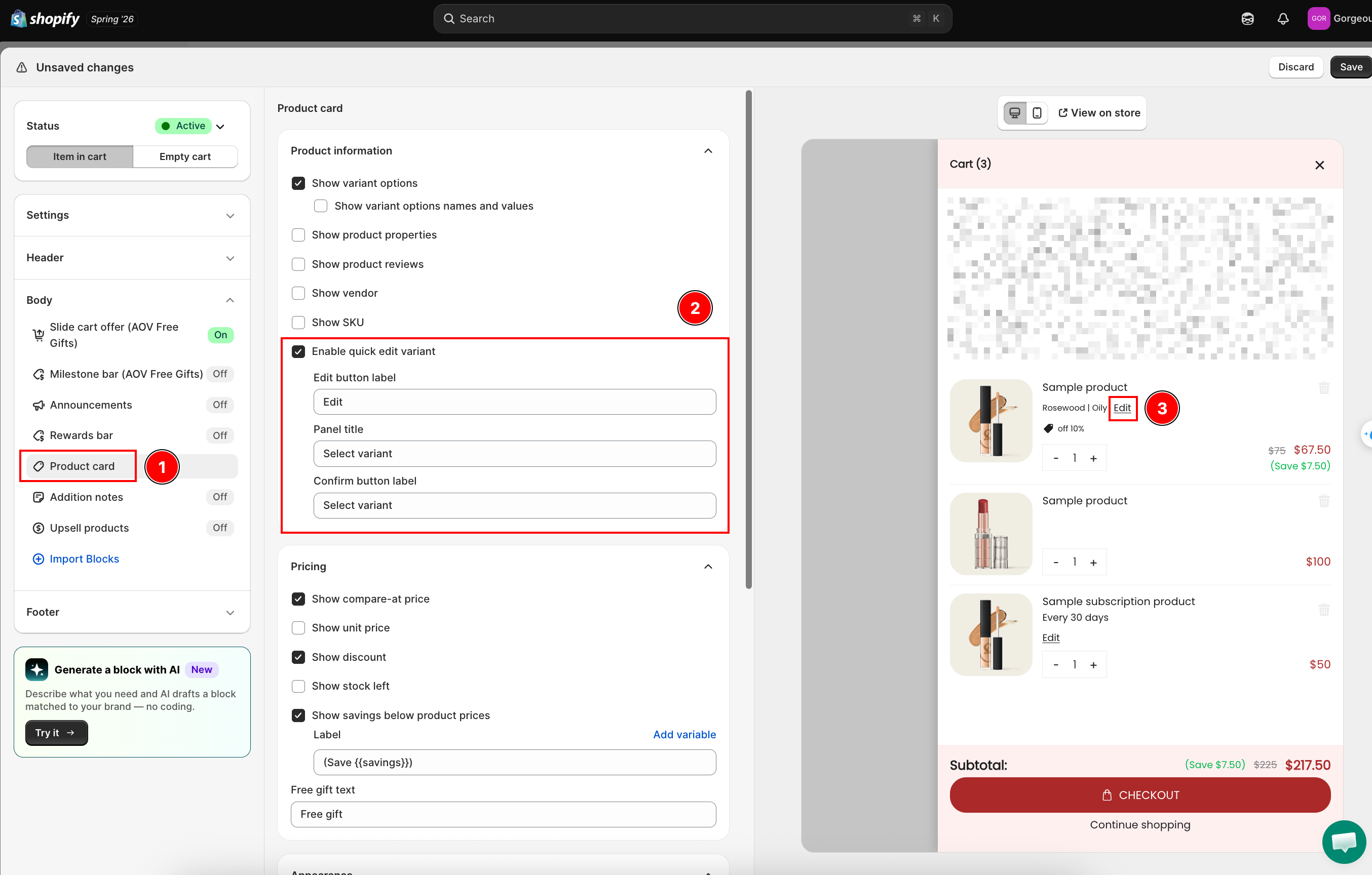 Product card settings with the Enable quick edit variant checkbox toggled on
